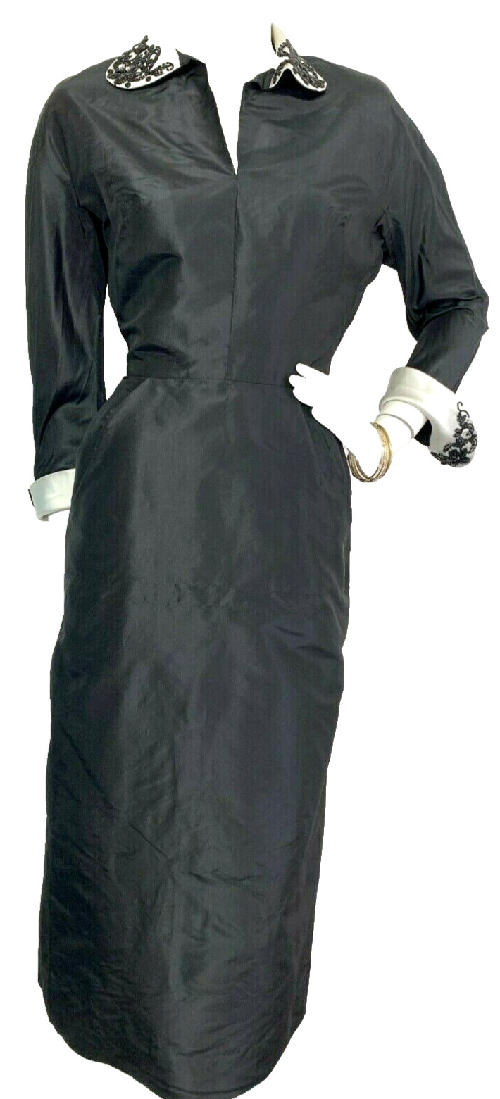 Vintage 30\'s Dress Taffeta Wiggle Midi Side Zip Beaded Collar Cuffs Black S VGUC