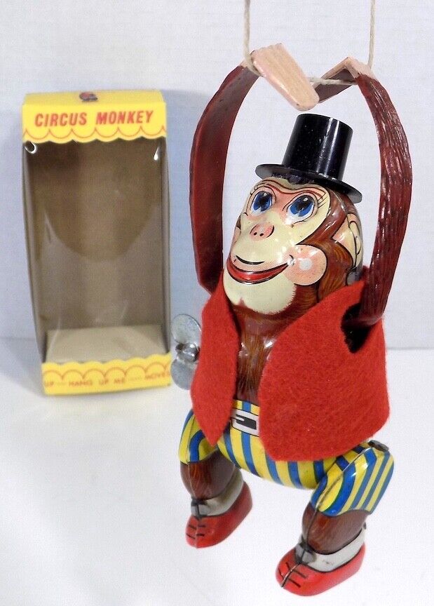 TPS Circus Monkey high wire acrobat tin toy chimp T.P.S. Japan 1967