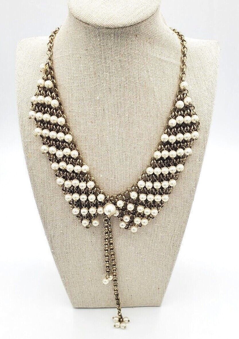 Vintage Pearl Collar Necklace Gold Toned Dangly Statement