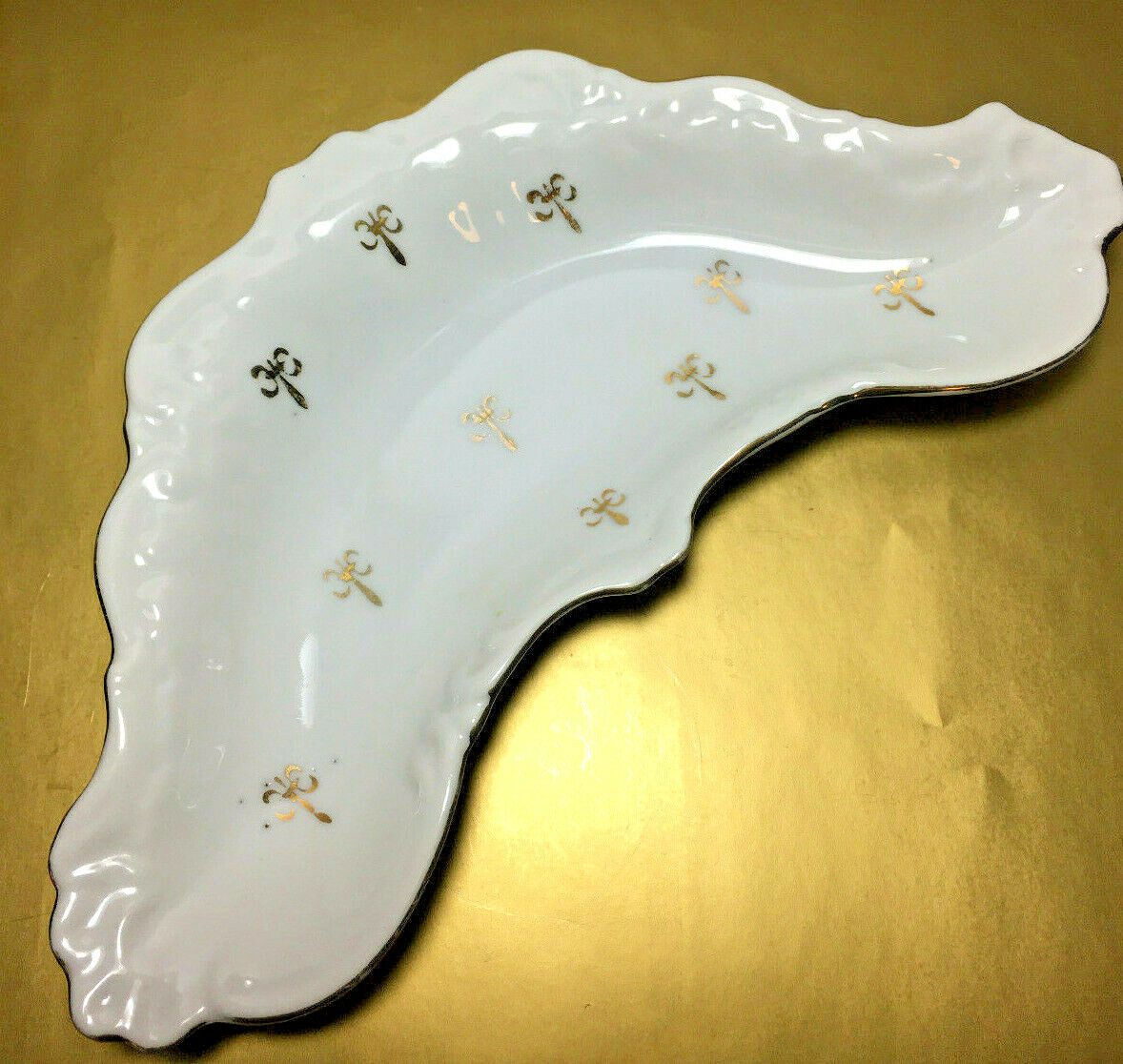 Antique Crescent Bone Dish - KALK German Porcelain White with Gold Decoration