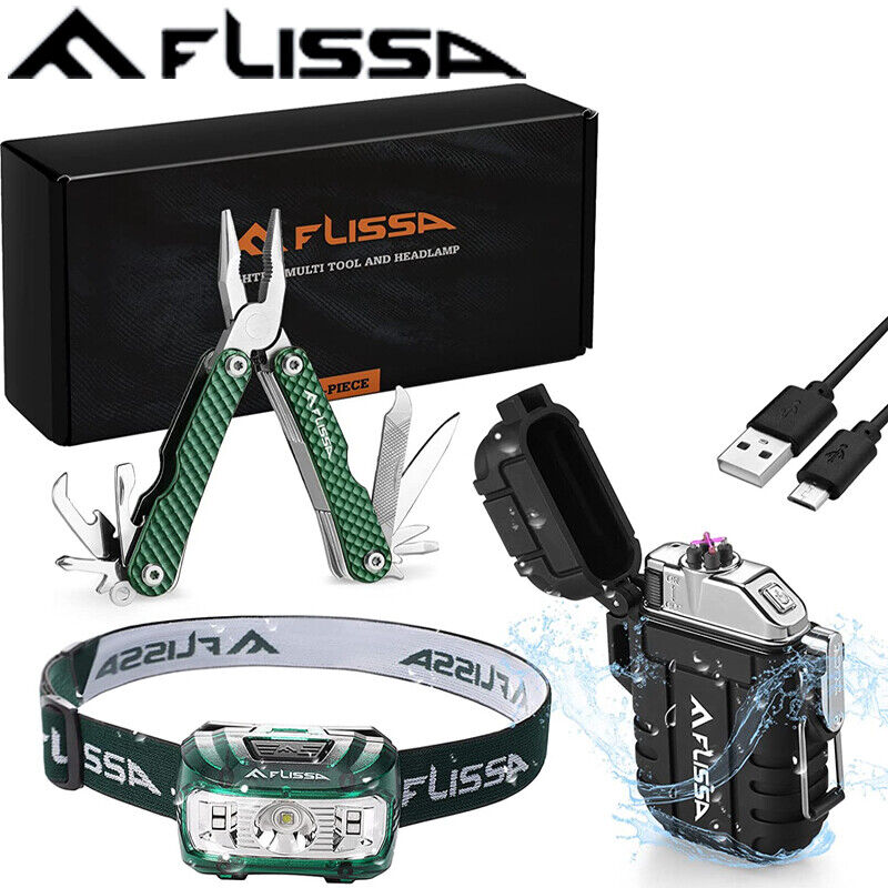 Flissa 3PC 12 in 1 Multitool Plier Waterproof LED Headlamp Windproof Lighter Set
