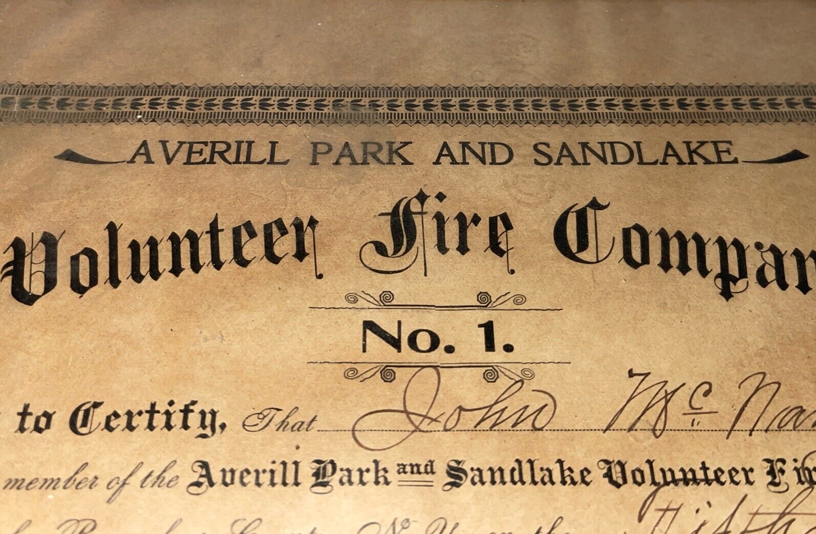 Volunteer For Company Number 1 Certificate Scripophily 1903 Antique Averil Park