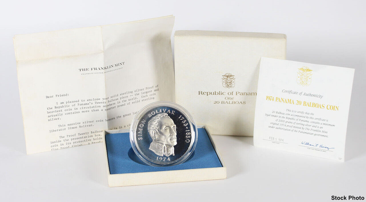 1974 Panama 20 Balboas Simon Bolivar 4.25 oz .925 Sterling Silver Proof Coin