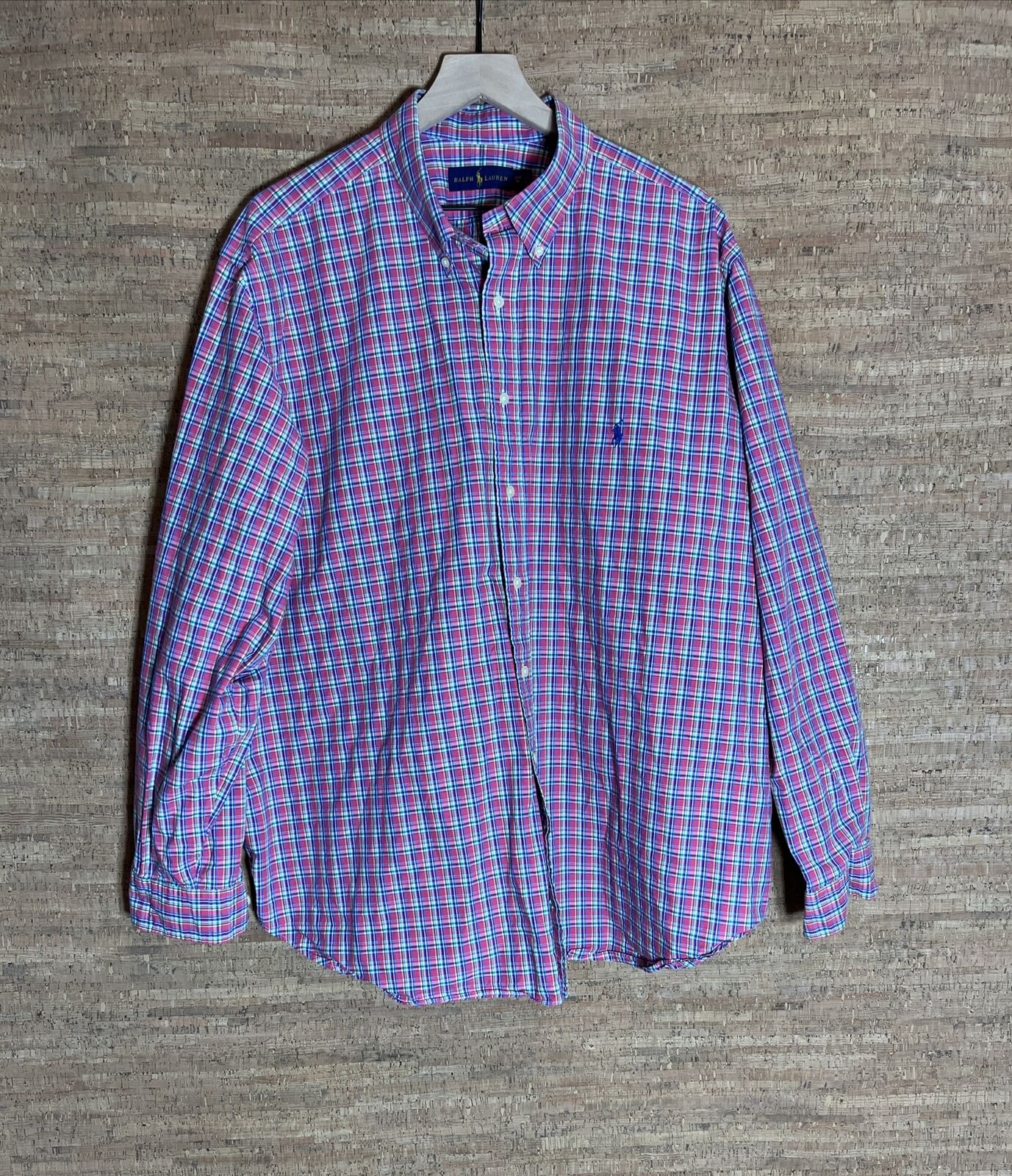 Ralph Lauren Pink Plaid Button Up Pony Dress Shirt Men\'s 2XB Big