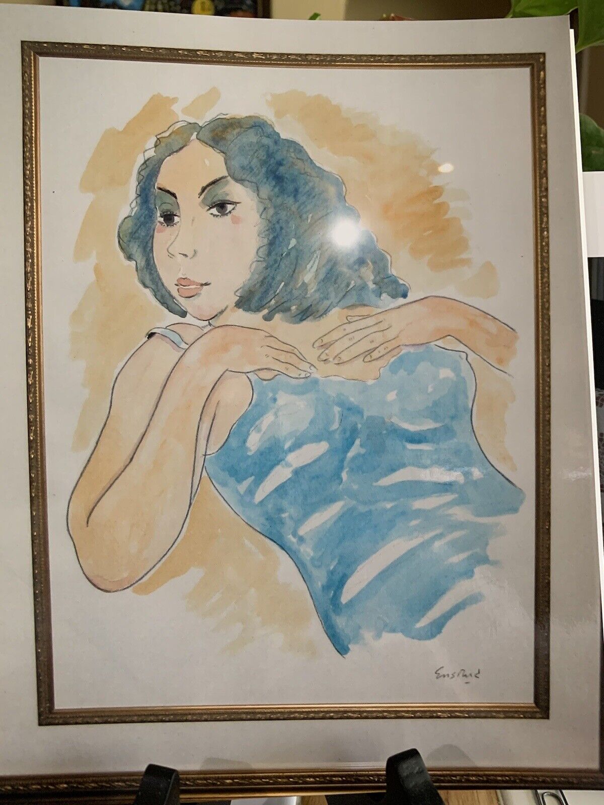 wayne ensrud Original Custom Framed Watercolor Titled (figure In Blue Chemise)
