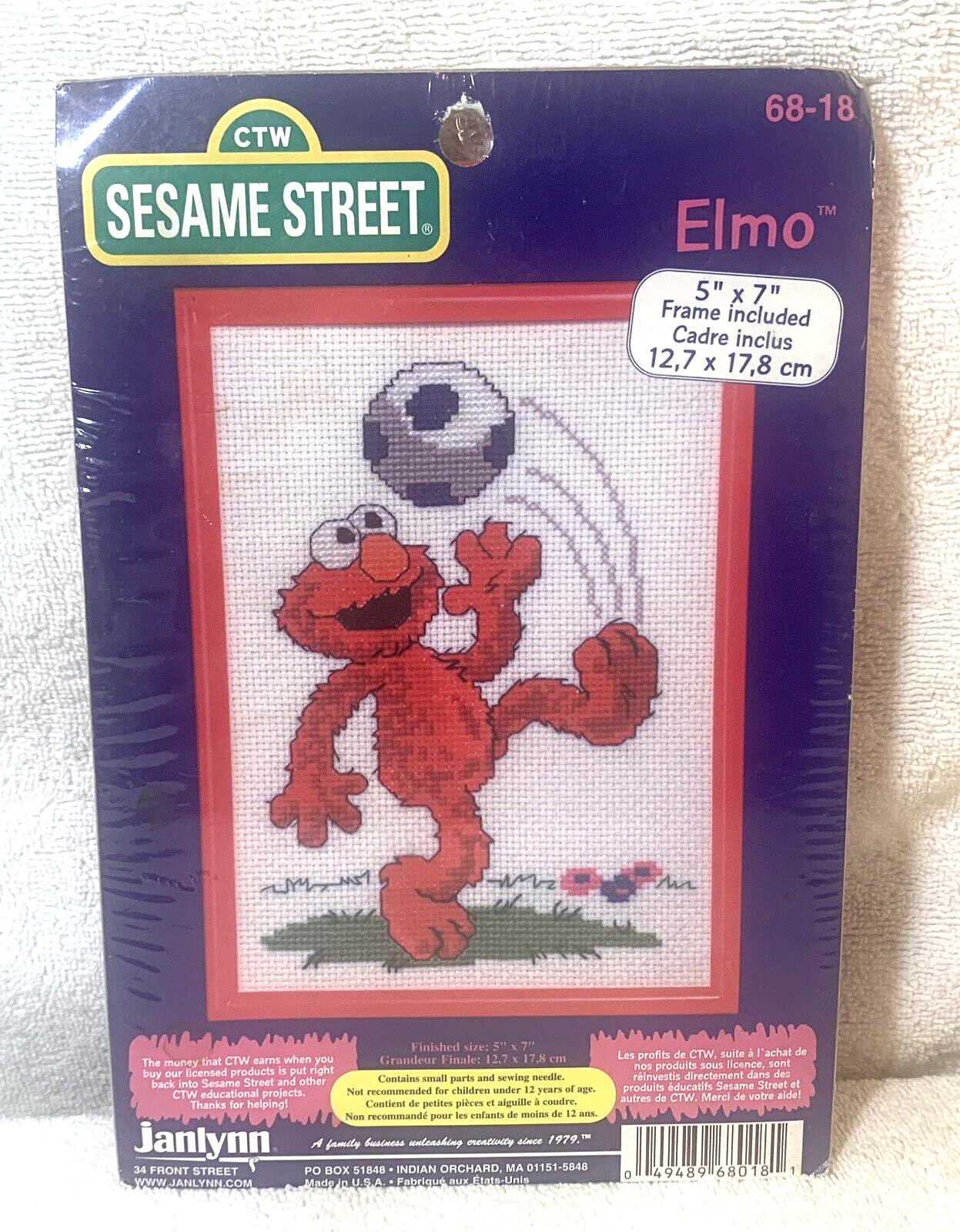 Vintage Janlynn Counted Cross Stitch Sesame Street Elmo Soccer Frame Included