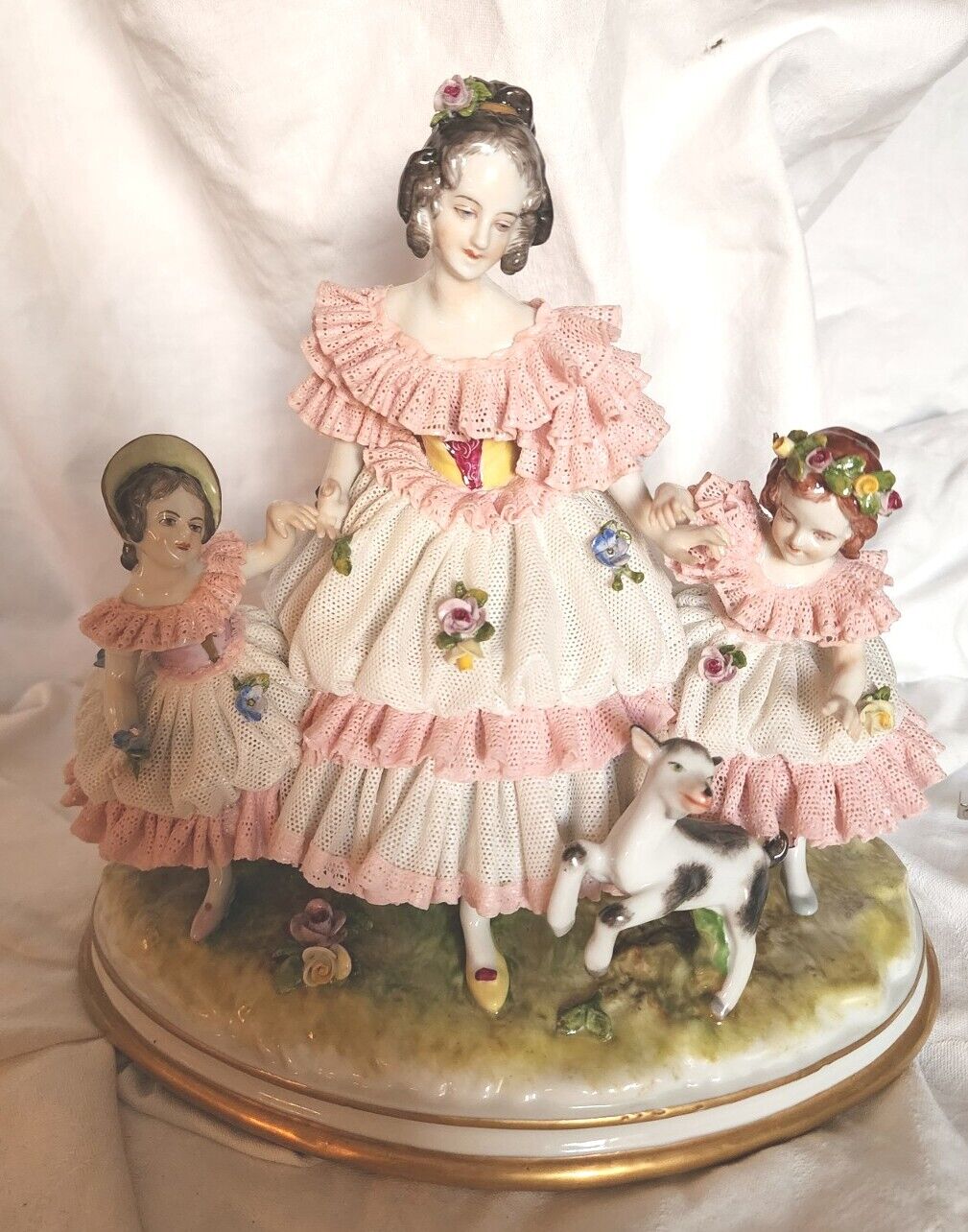 Lg. Antique Volkstedt German Porcelain Dresden Lace Mother, 2 Daughters & Goat