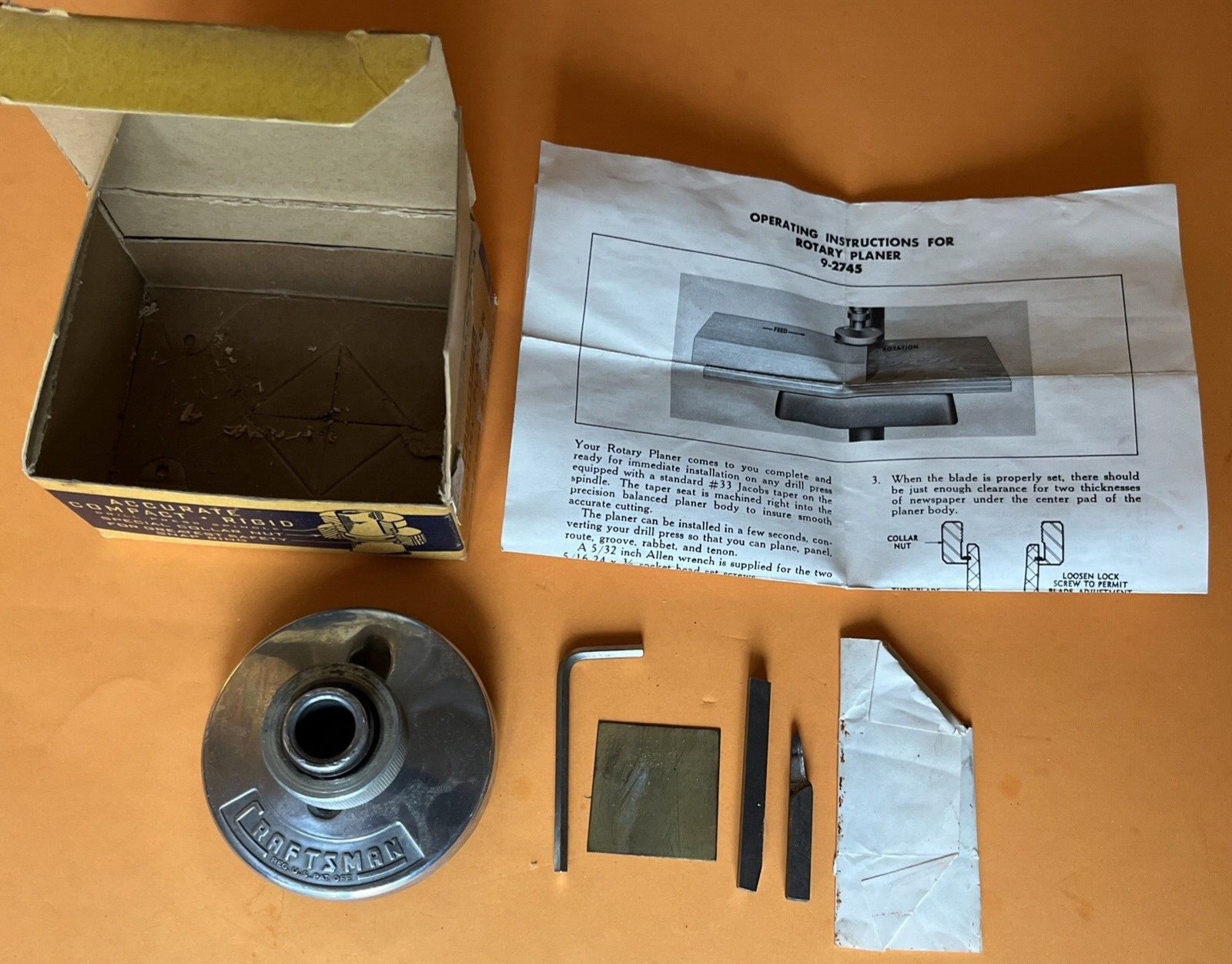 Vintage Craftsman Rotary Planer # 9-2745 w/ Wrench, Instructions & Original Box