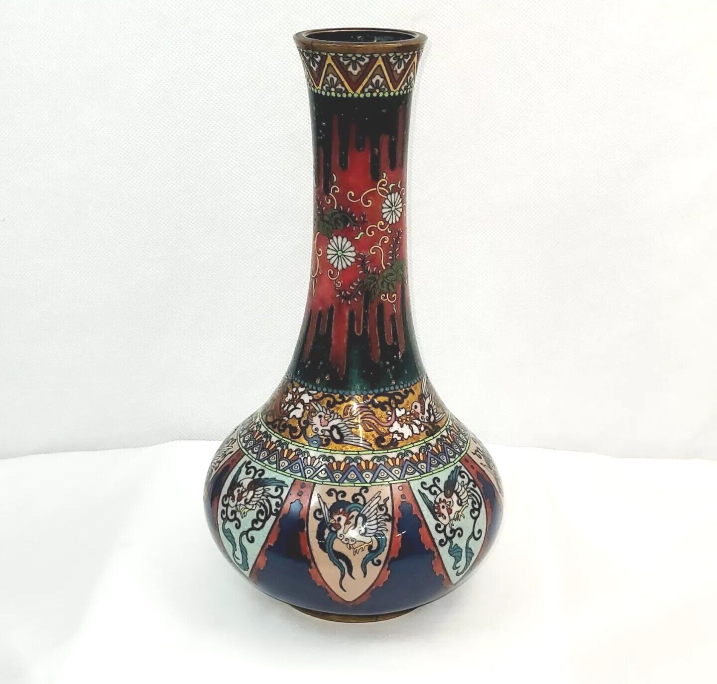 Antique Japanese Cloisonne Vase/Phoenix Designs/Sparkly Mica Ground/Circa 1900\'s