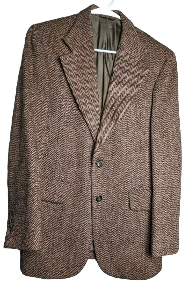 VTG Harris Tweed Blazer Men\'s 39 Reg Brown Pure Scottish Wool Handwoven Hebrides