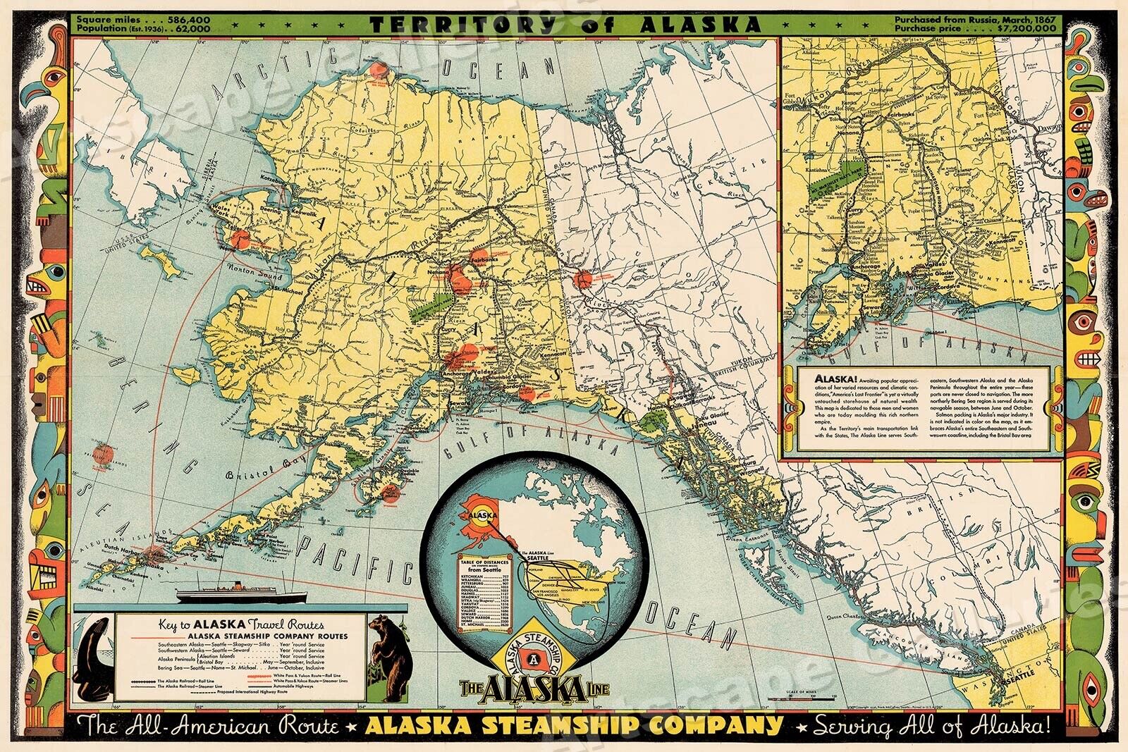 Territory of Alaska 1936 Vintage Style Steamship Route Map - 20x30