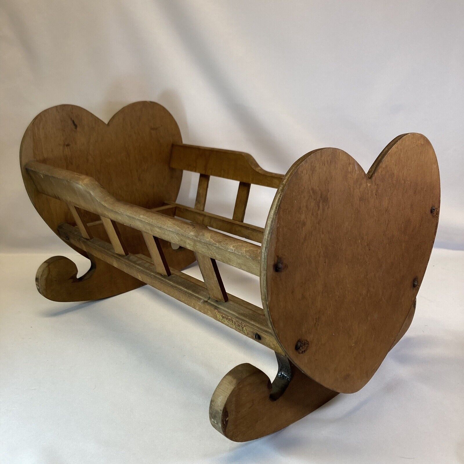 Vintage antique Whitney Bros Co. Wooden  Doll Rocking Crib Cradle Heart Shaped