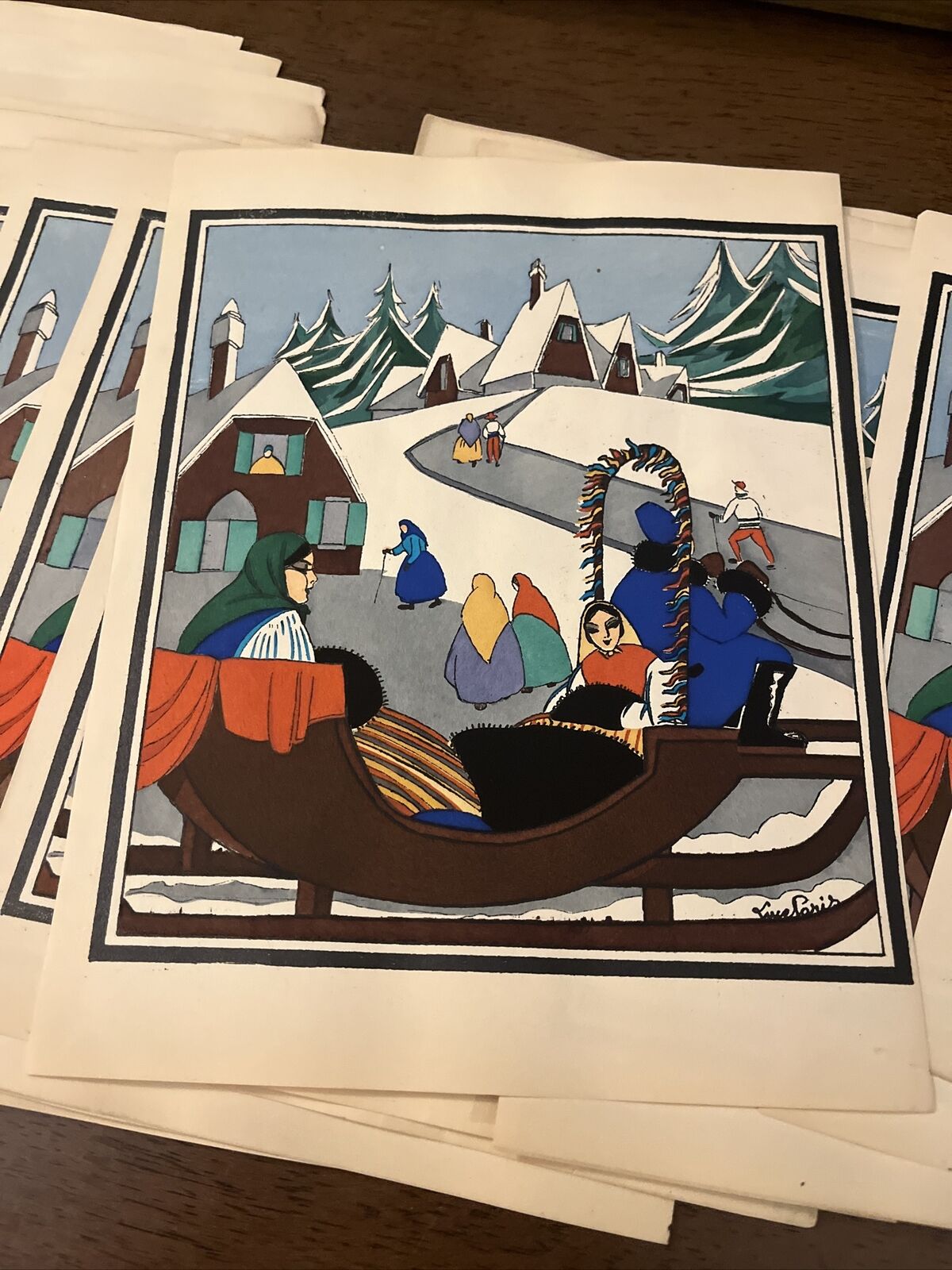 1930s POCHOIR Original Artwork France Vibrant Colors Sledding Winter x 21 lot