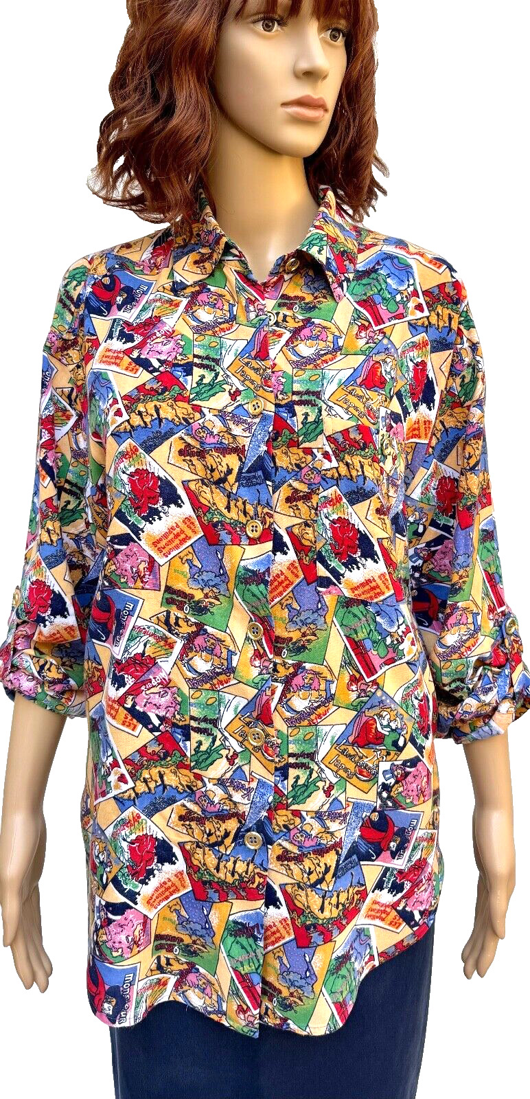 Vtg 90s SK Wear Women\'s Colorful French Posters Roll Tab Sleeve Shirt/Blouse  M