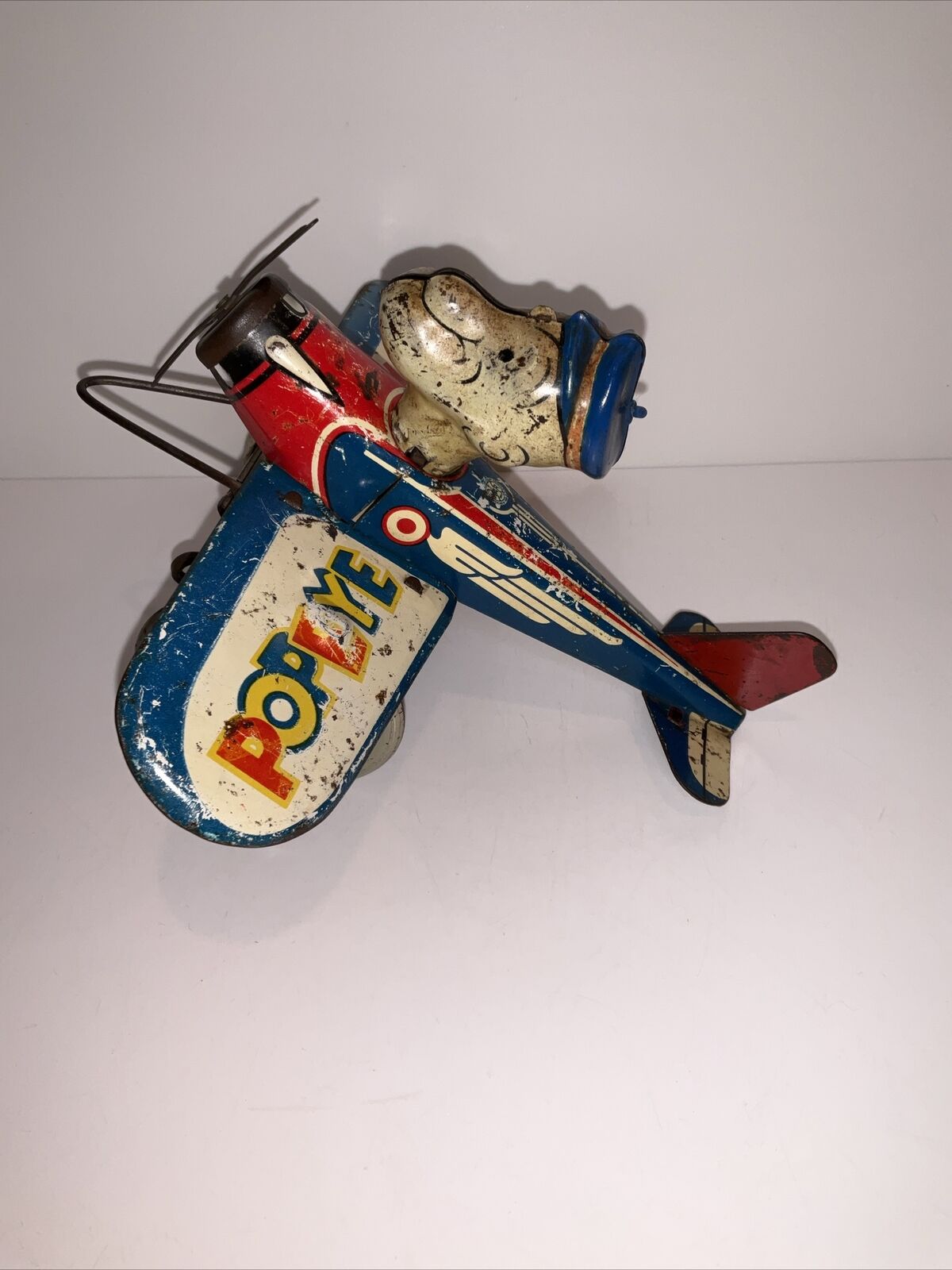Antique 1940s Popeye The Sailor Man Pilot Tin Wind-Up Marx Airplane Toy AS IS