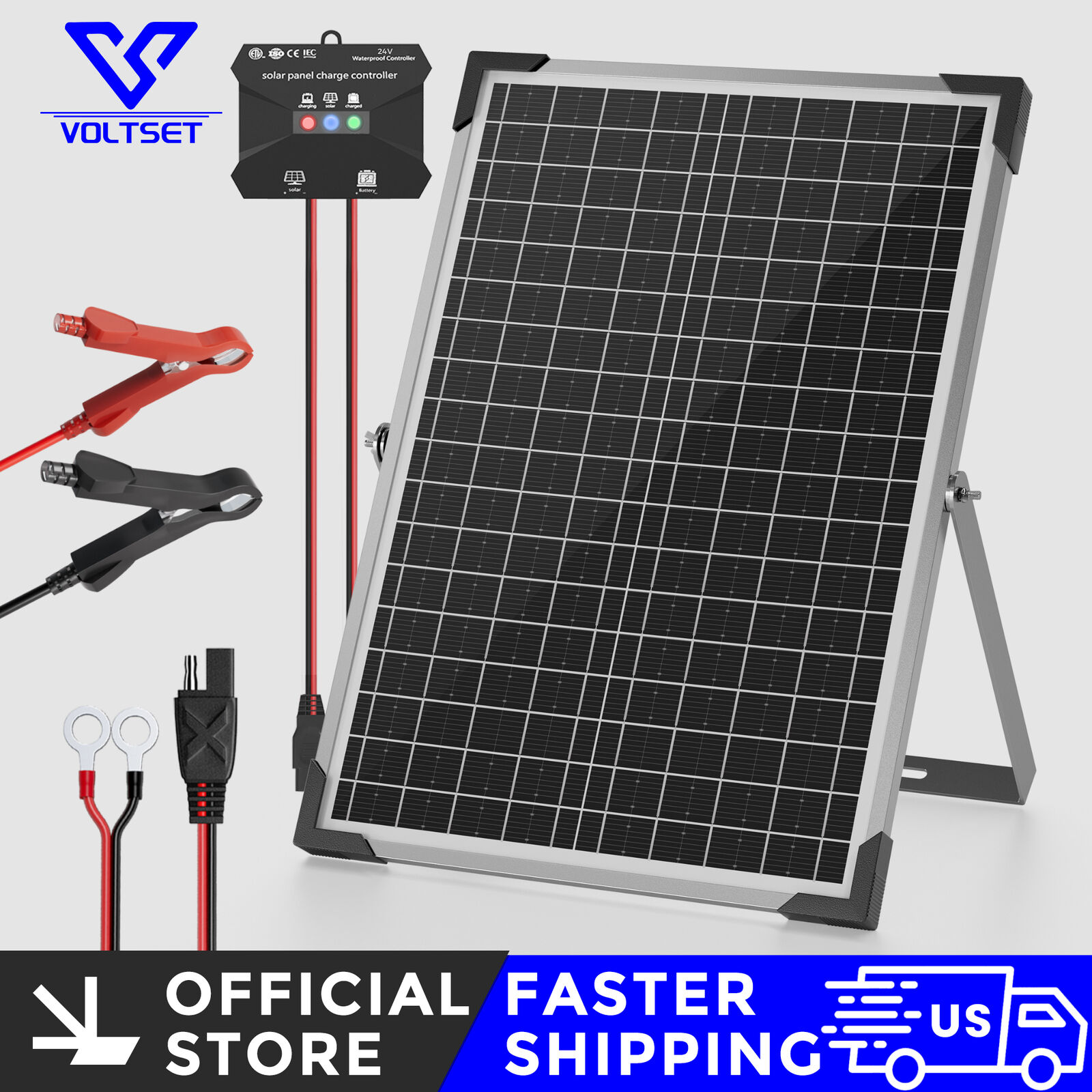 VOLTSET 24V 30W Solar Panel Kit Solar Trickle Charger, Charge 24V Battery of RV