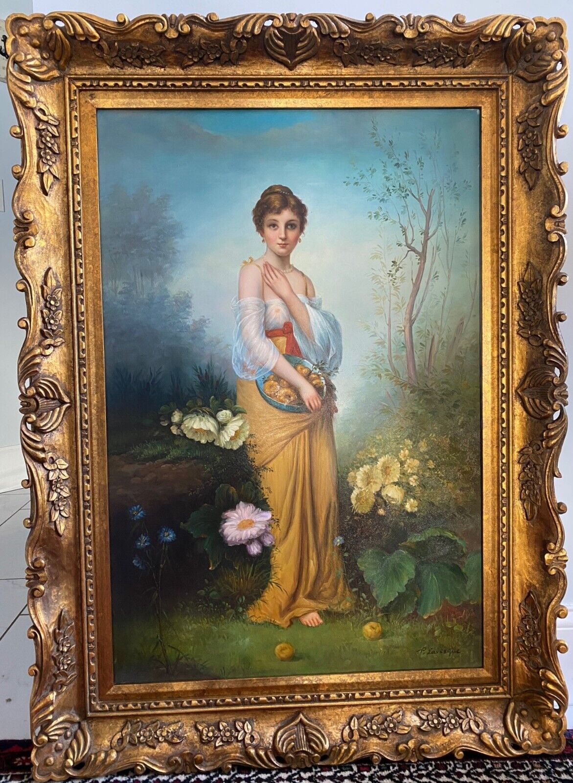 Very large oil on canvas painting - A beautiful lady with apples- ornate frame