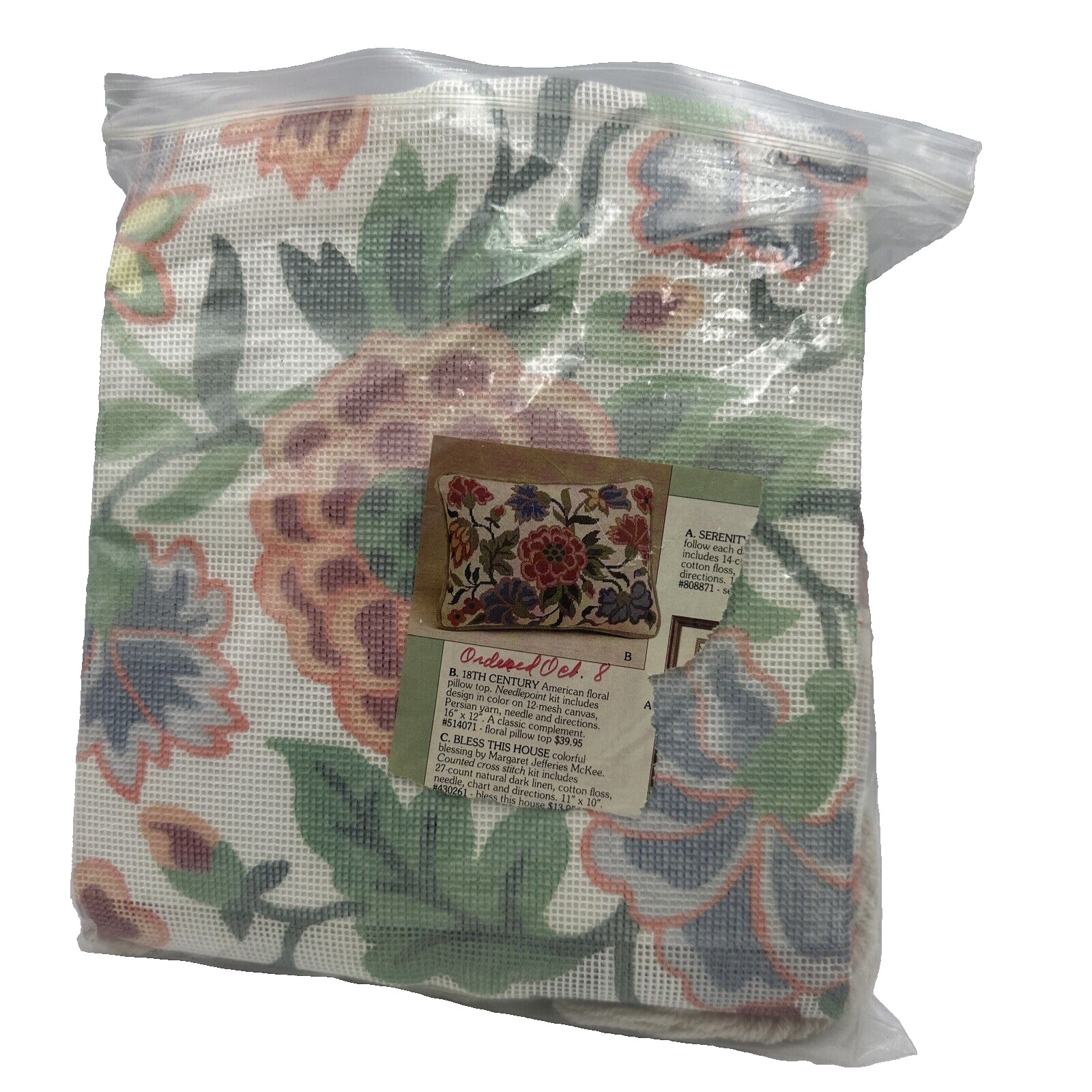 Vintage RK Designs Pillow Needlepoint Kit 18th Century American Floral w/ Yarn