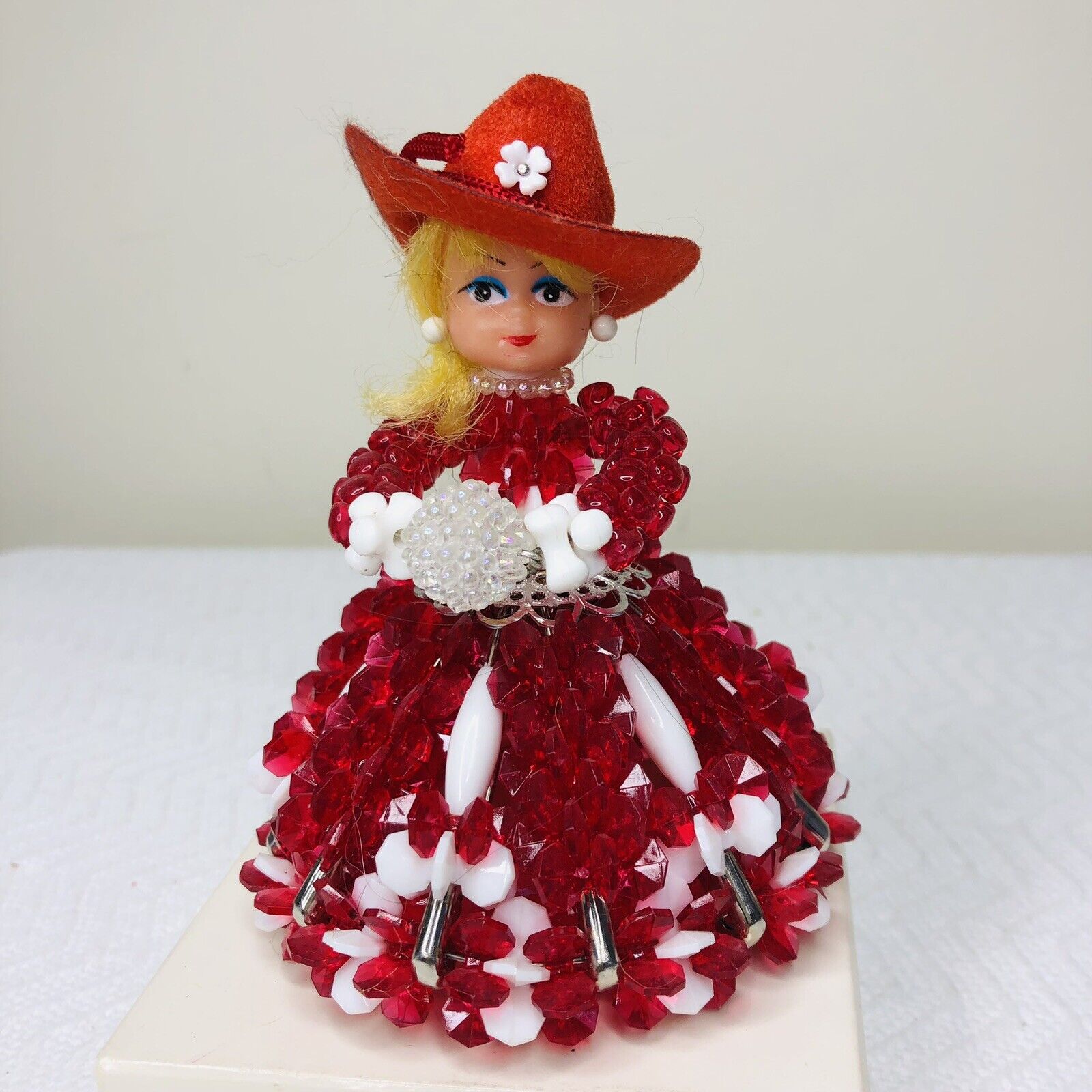 Vintage 1950 Beaded Safety Pin Doll Christmas Cowgirl Red Estate