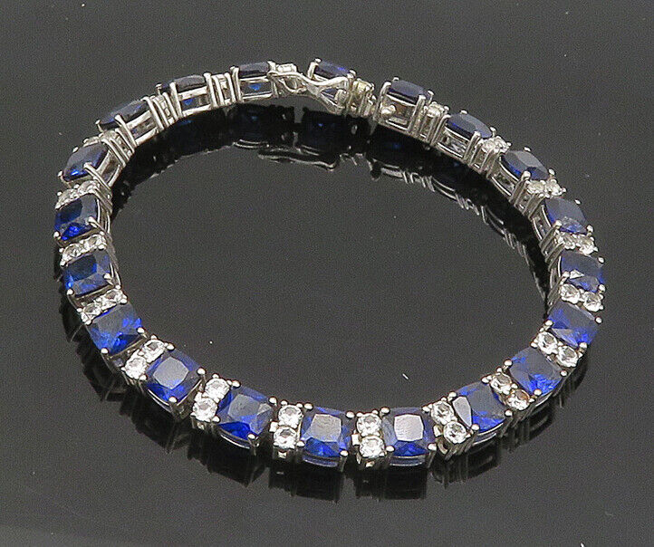 925 Sterling Silver - Vintage Sapphire & Topaz Shiny Chain Bracelet - BT8477