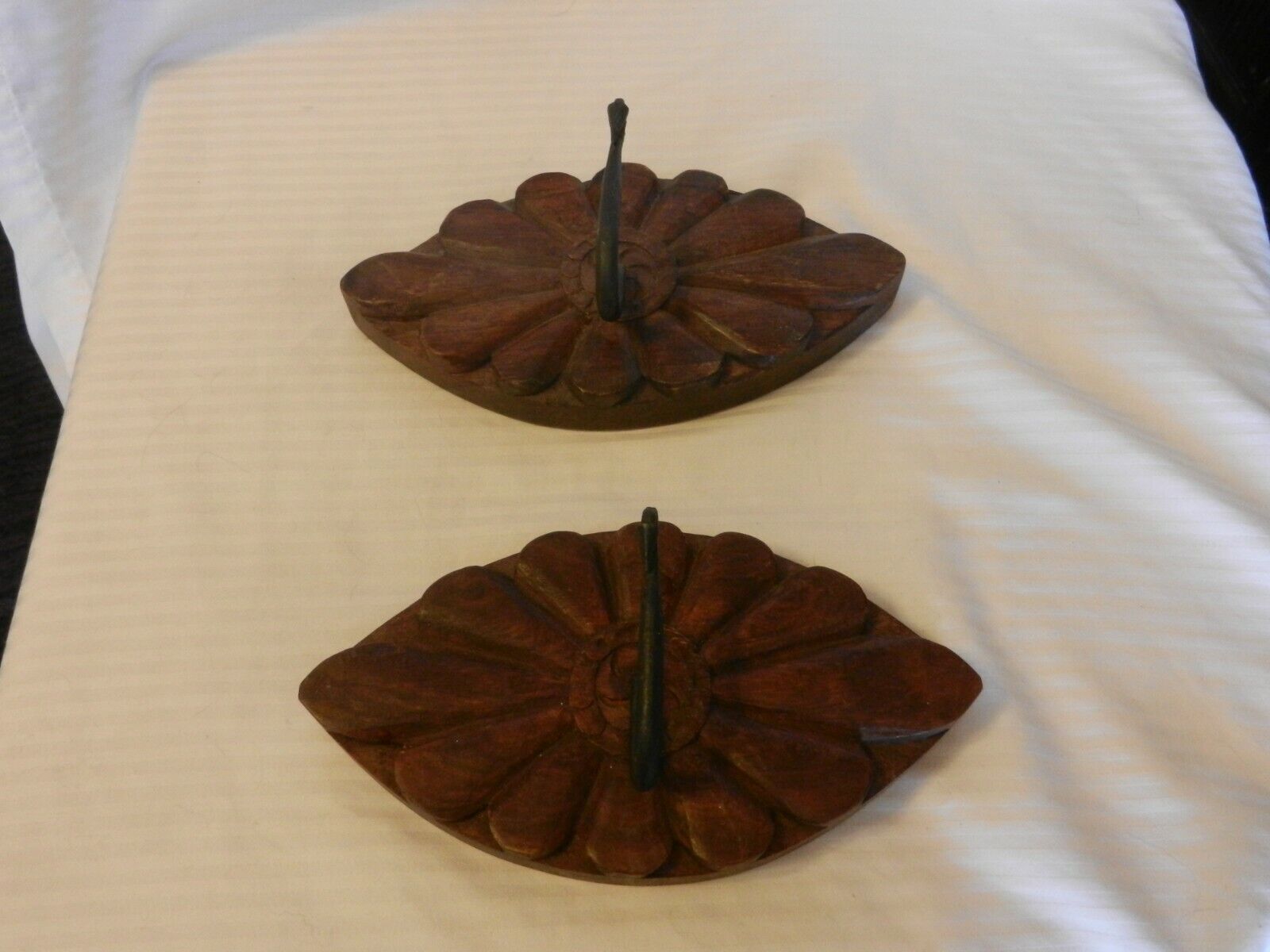 Pair of Brown Wooden Hat Coat Hooks, Wall Mount Flower Design from India