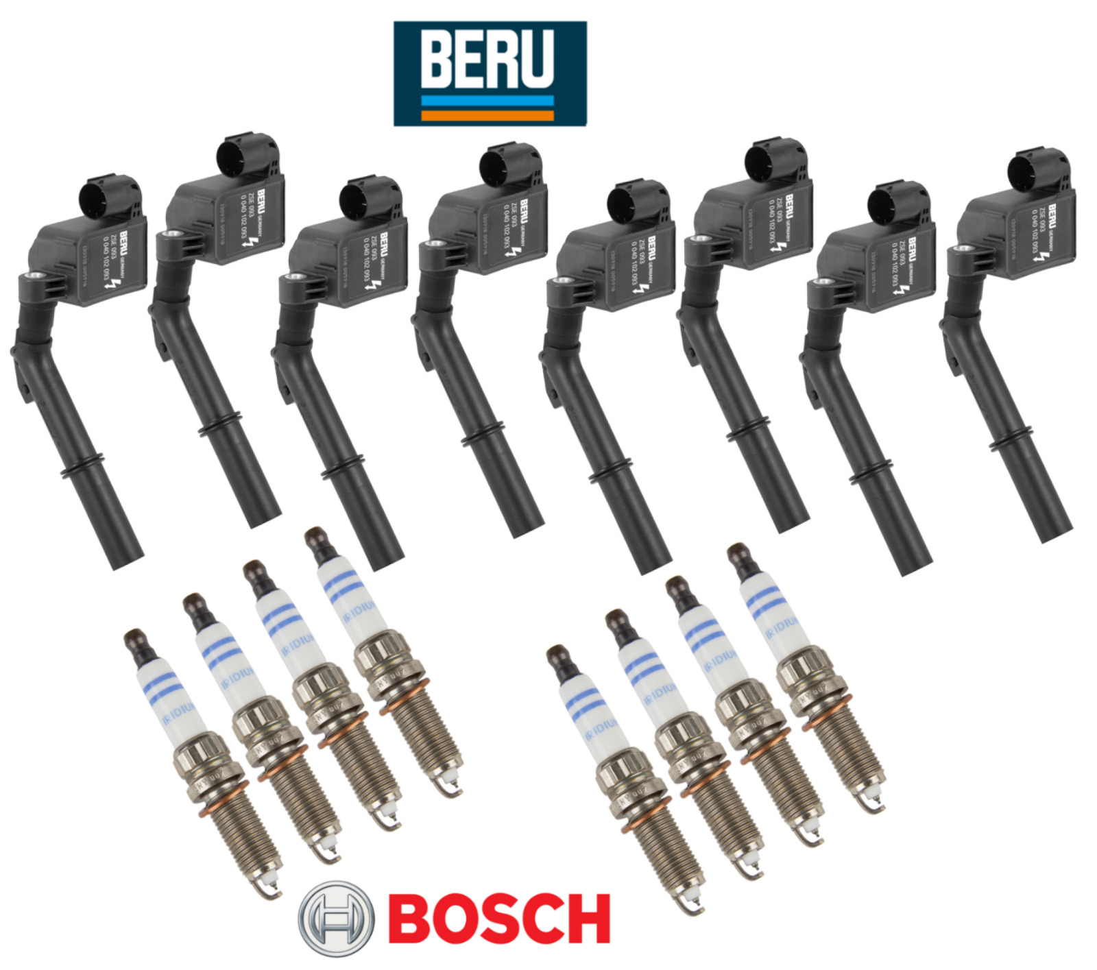 For Mercedes V8 OEM Ignition Coil Beru & Spark Plug Double Iridium Bosch (8sets)