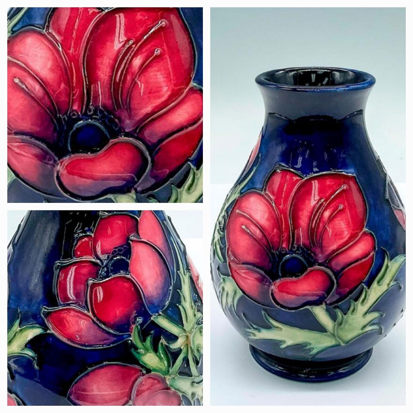 Moorcroft Anemone Vase: Artist Signed. Cobalt,  Maroon, Purple w/1992 Cipher