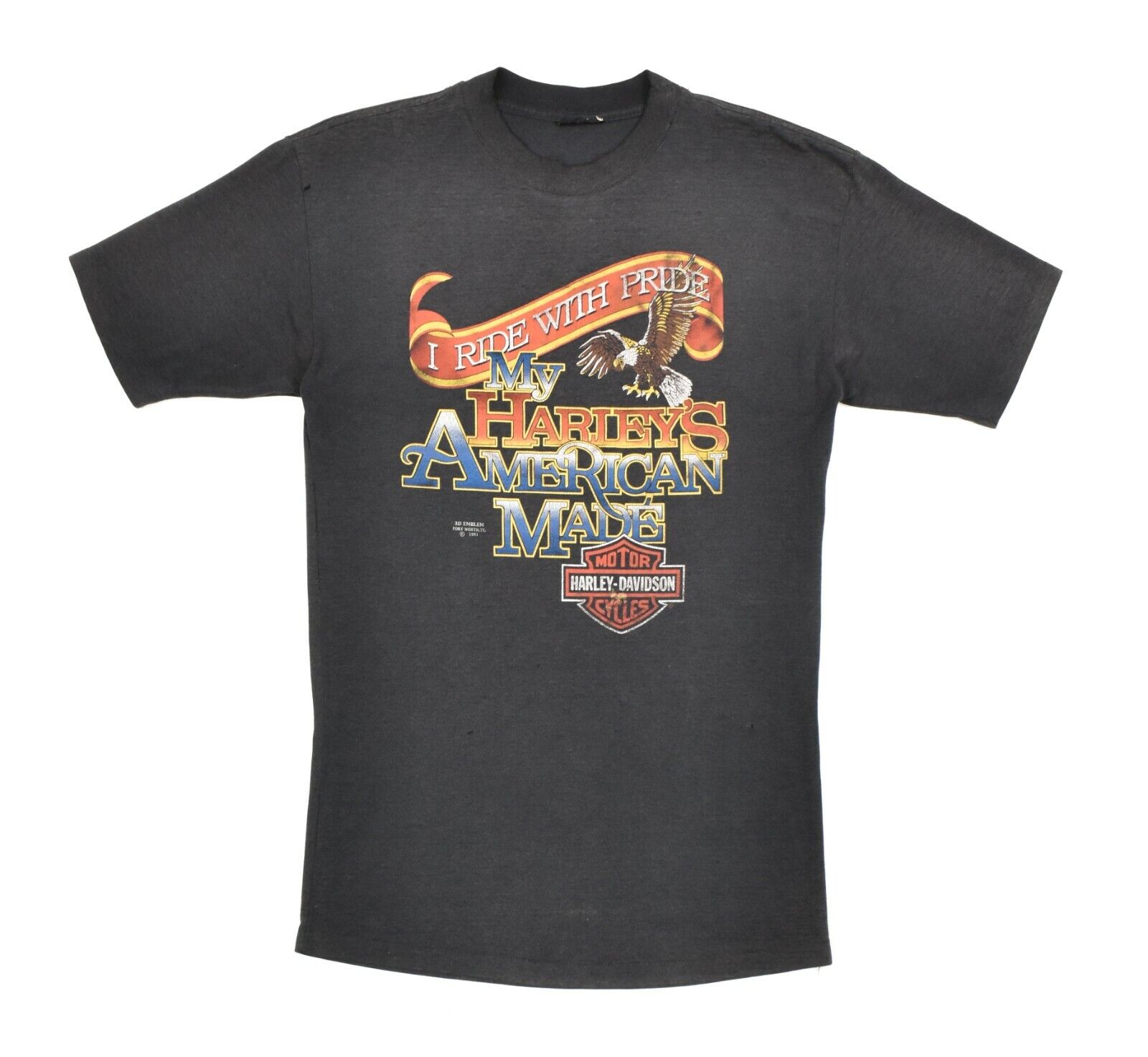 Vintage 1991 Men\'s 3D Emblem Harley Davidson Biker T-Shirt Tee Short Sleeve S-M