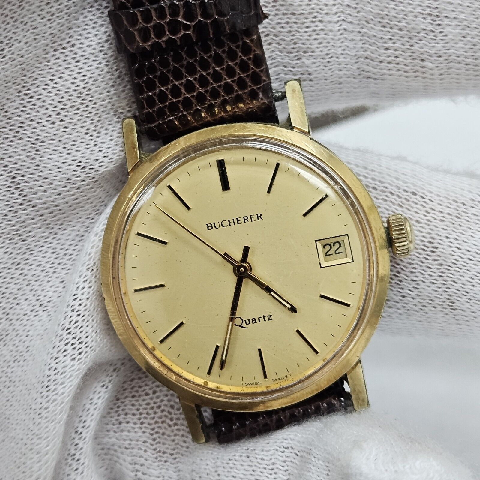 Vintage Bucherer Golden Date Dial Quartz Gold Tone Men\'s Wrist Watch New Battery