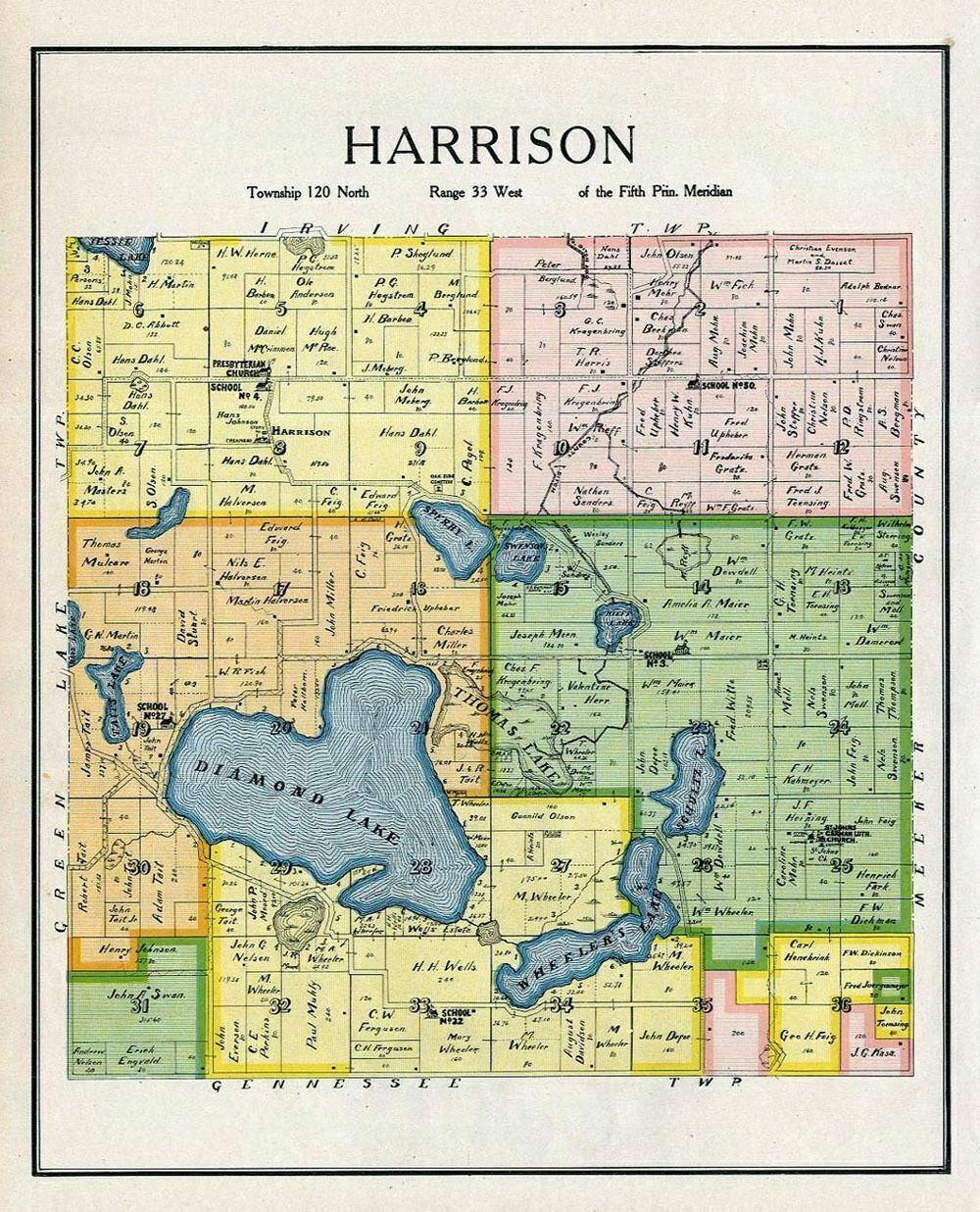 HARRISON TOWNSHIP, KANDIYOHI COUNTY MINNESOTA, RARE 1905 ANTIQUE MAP, GENEALOGY