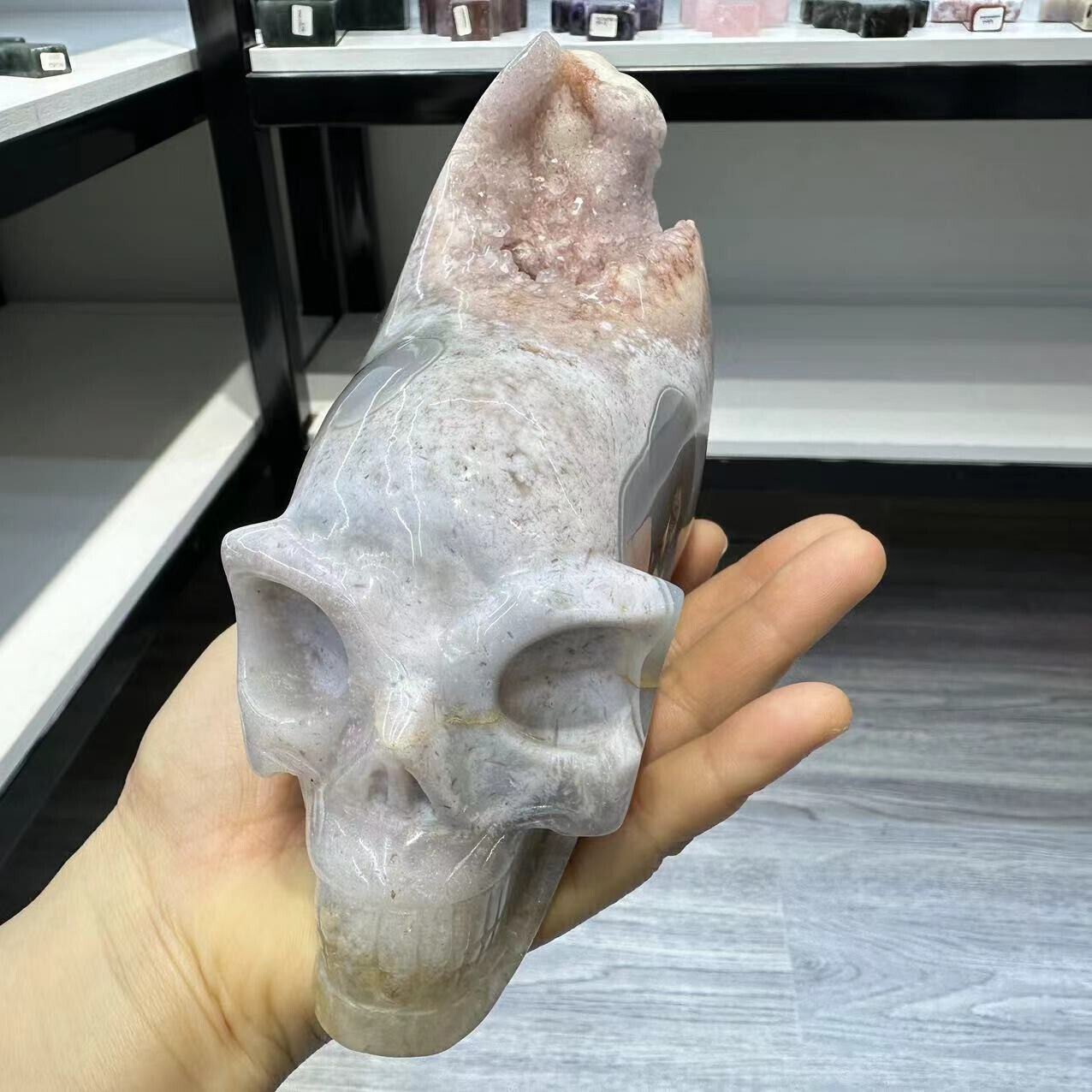 850g Natural Geode Agate Quartz Carved Crystal Skull Reiki Healing Gem Decor
