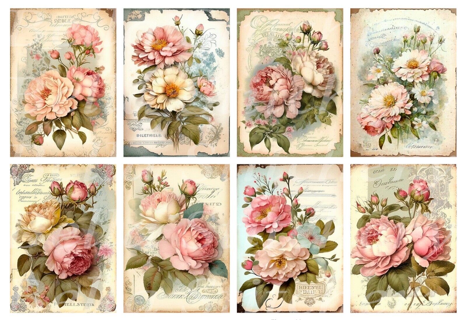 Set of 8 Vintage Victorian Cottage Roses Collage Cotton Fabric Blocks