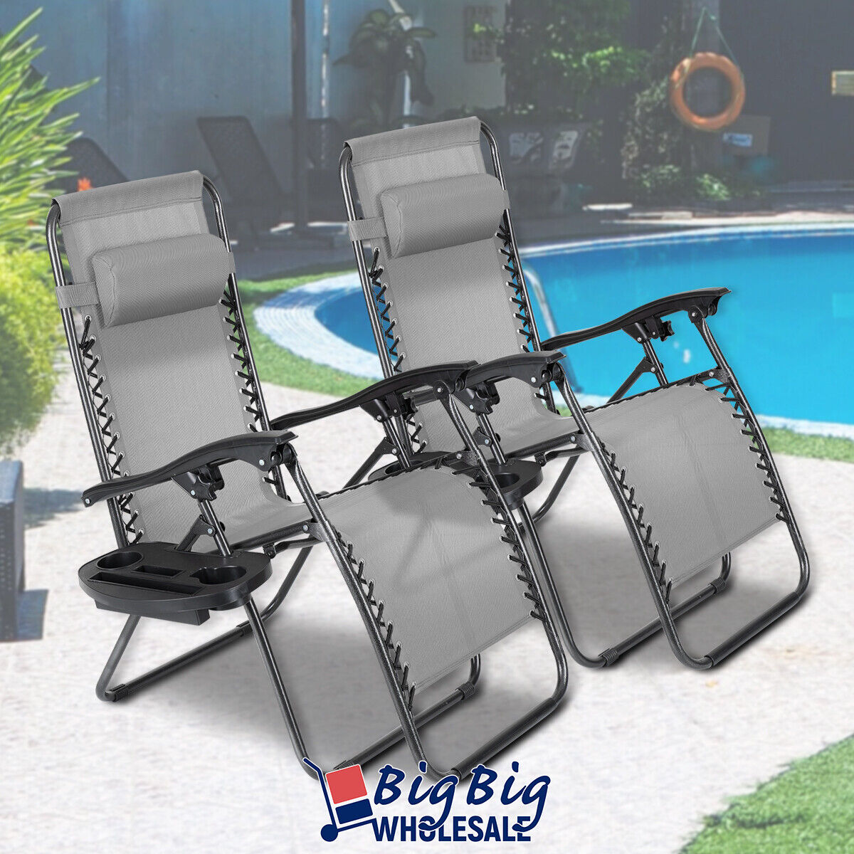 2PC Zero Gravity Chair Folding Outdoor Patio Beach Recliner Mesh Cup Holder Tray