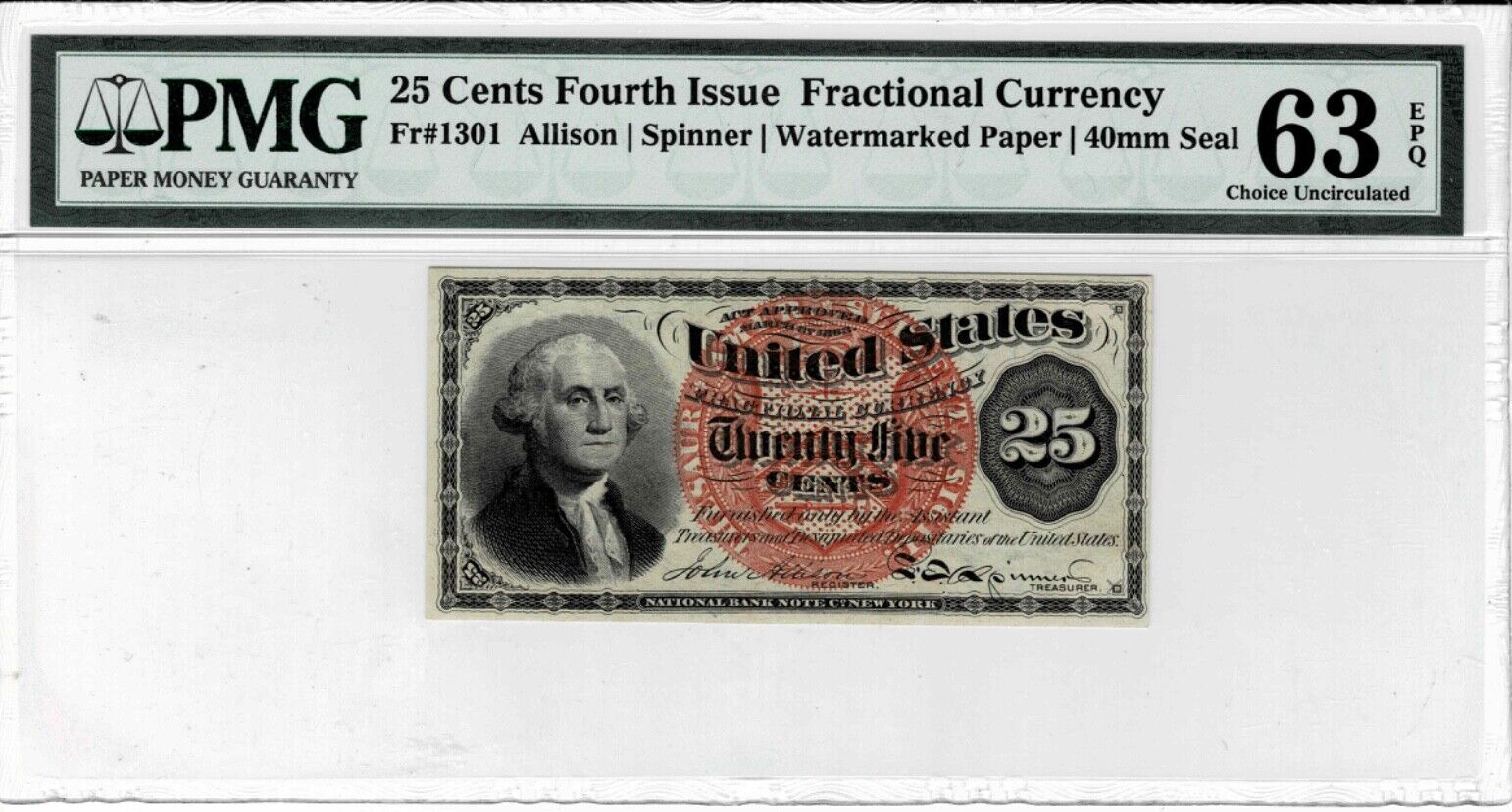 .25 Cent Fractional Currency note--fr.1301--Fourth Issue--PMG CU 63 EPQ