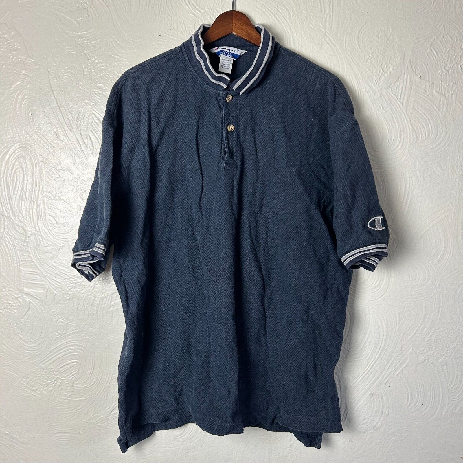 Vintage Champion T-Shirt Henley Collar Navy Blue Embroidered Logo 90s Textured