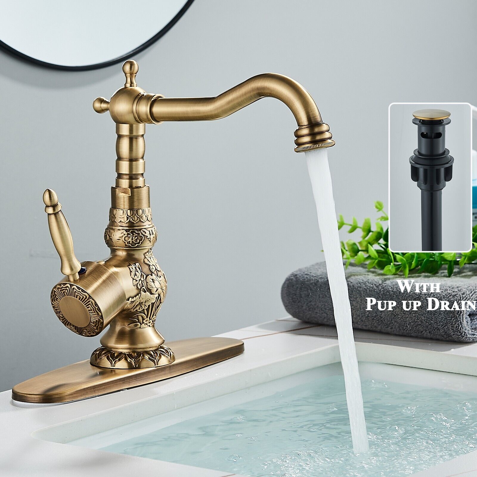 Antique Brass Bathroom Sink Faucet Single Handle Vanity Sink Mixer Taps w/Drain