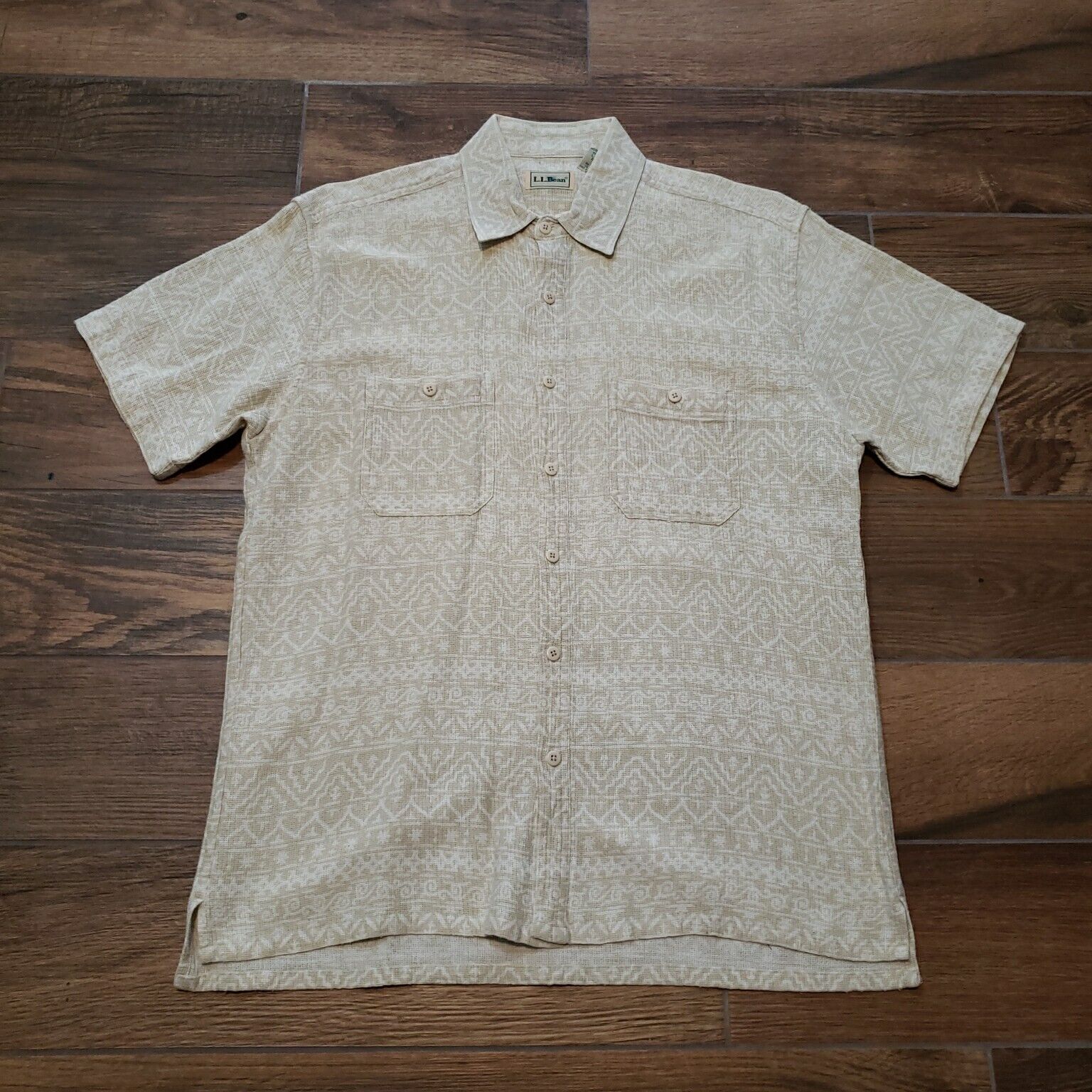 Vintage LL Bean Shirt Mens Large Tan Textured Knit Aztec Button Up Hong Kong