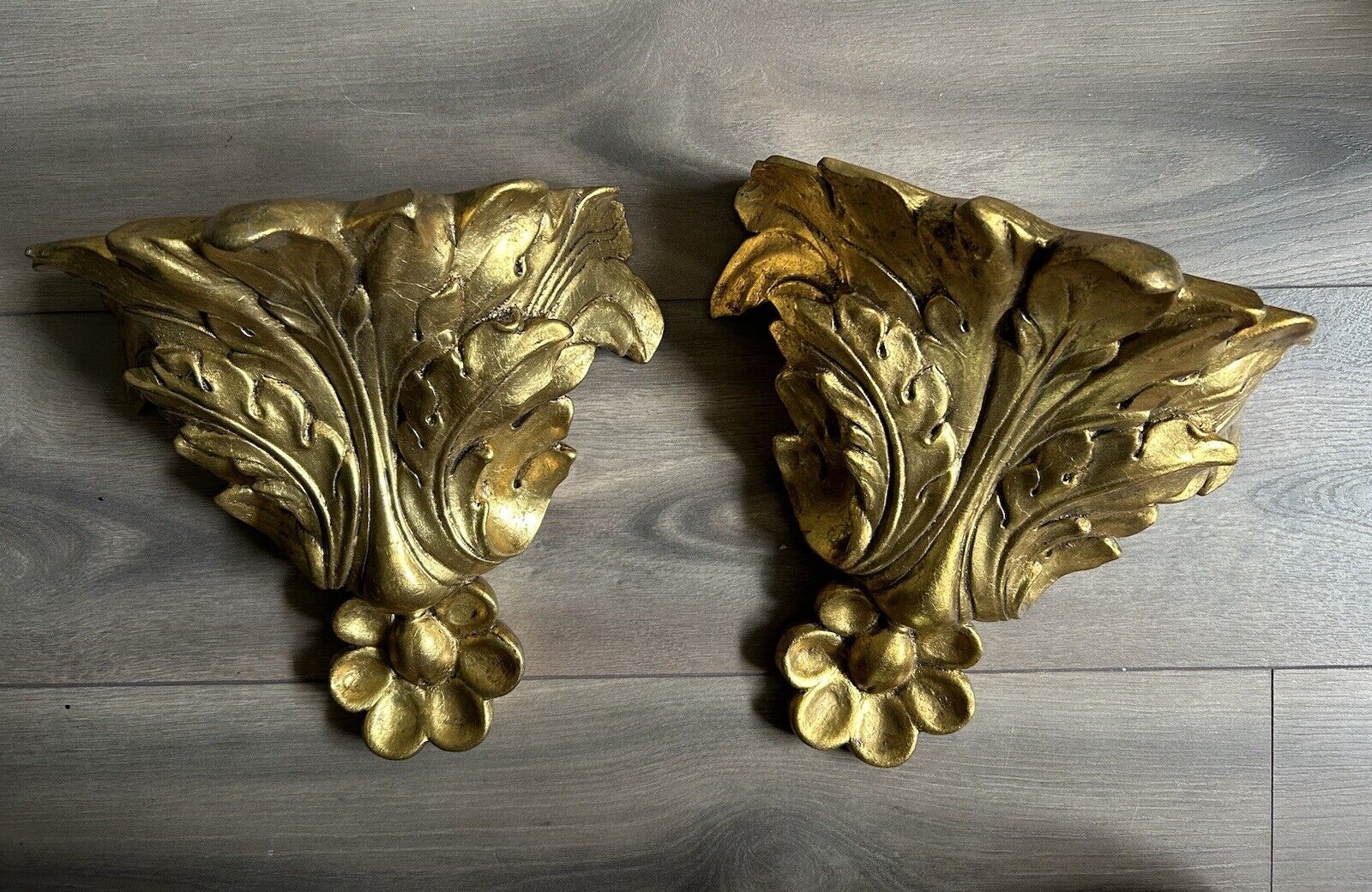 RARE Late 20th Century Acanthus Leaf Gold Gilt Wall Bracket Shelves SET OF 2