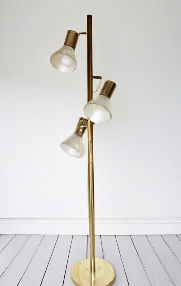Rare MCM Mid Century Brass Three Light Pole Tension Floor Lamp