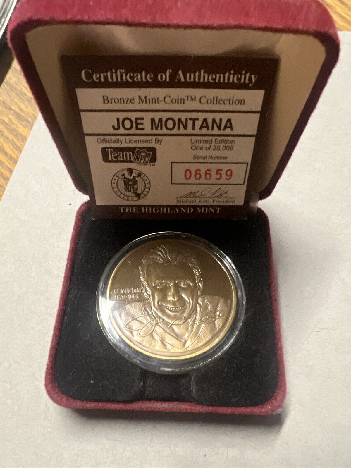 Authenticated Joe Montana Highland Mint Bronze Coin Ltd. Edition #06659