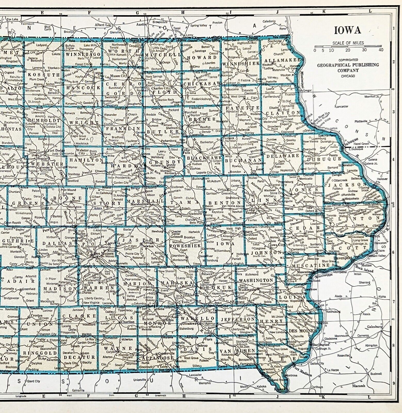 1941 Iowa Map Dubuque Des Moines Davenport Cedar Rapids Ames Sioux Council Bluff
