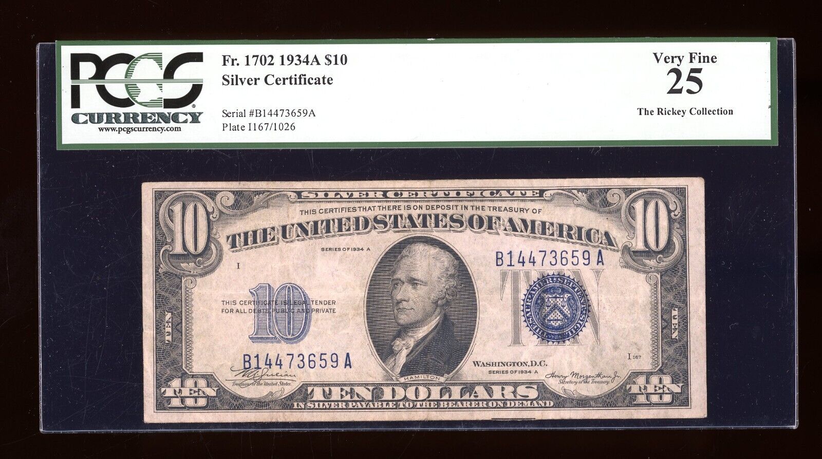 DBR 1934-A $10 Silver Fr. 1702 PCGS 25 Serial B14473659A