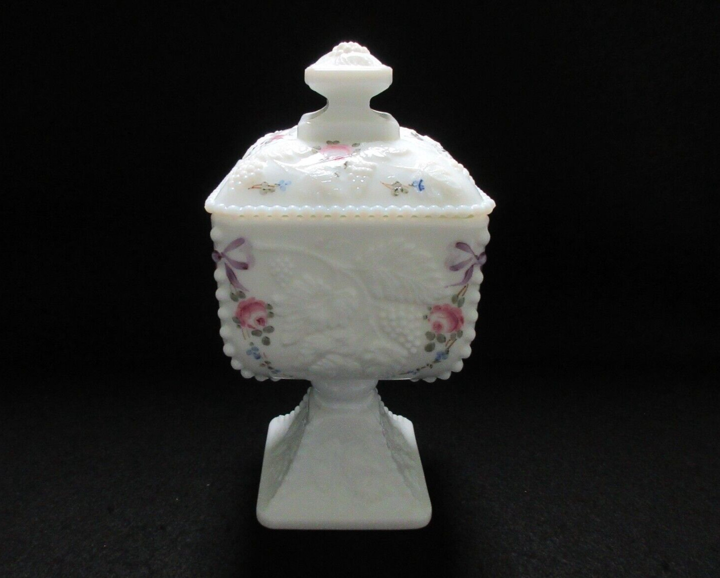 Vintage Westmoreland Milk Glass Hand-Painted Panel Grape Footed Candy Dish & Lid
