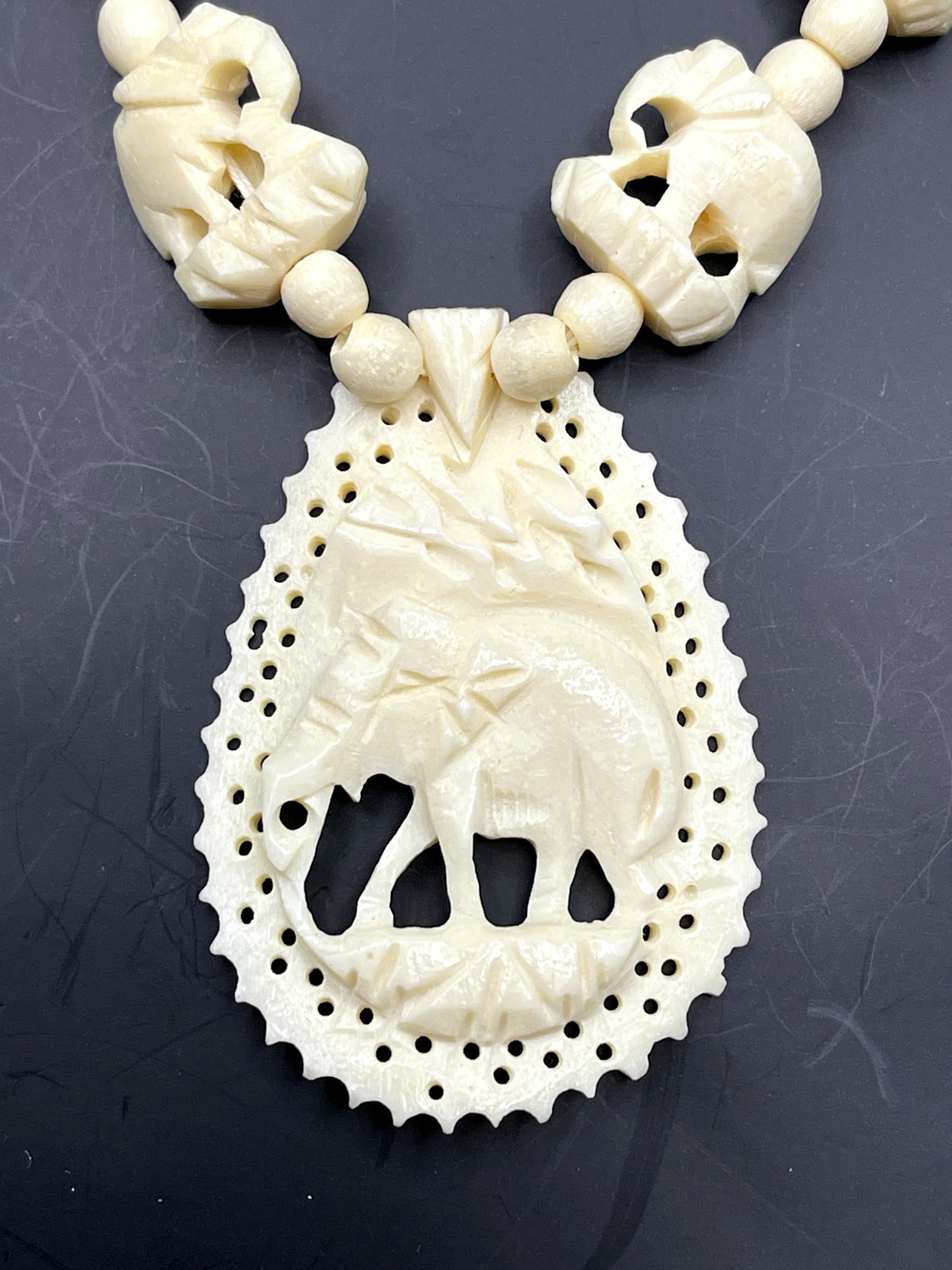 Vintage Carved Elephant Cameo Necklace 1950s Celluloid Pendant Cream