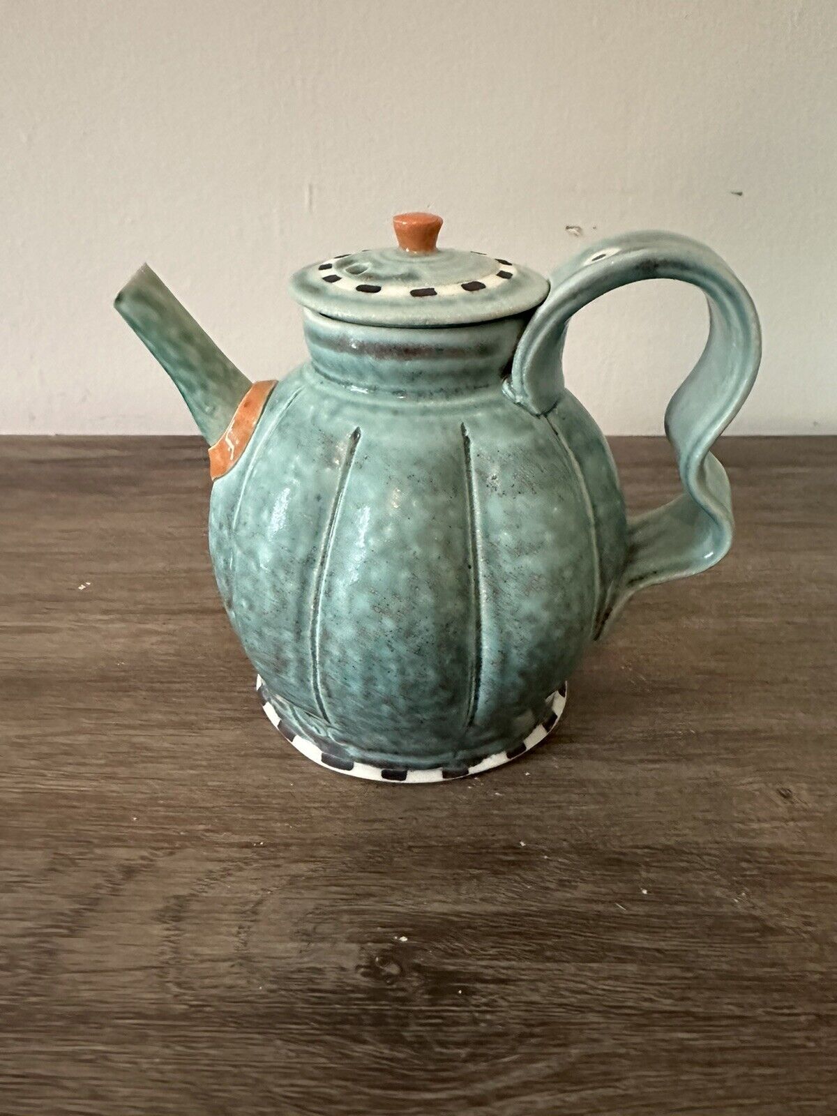 Vintage Ceramic Art Pottery Blue/Green Kettle Teapot 5”T