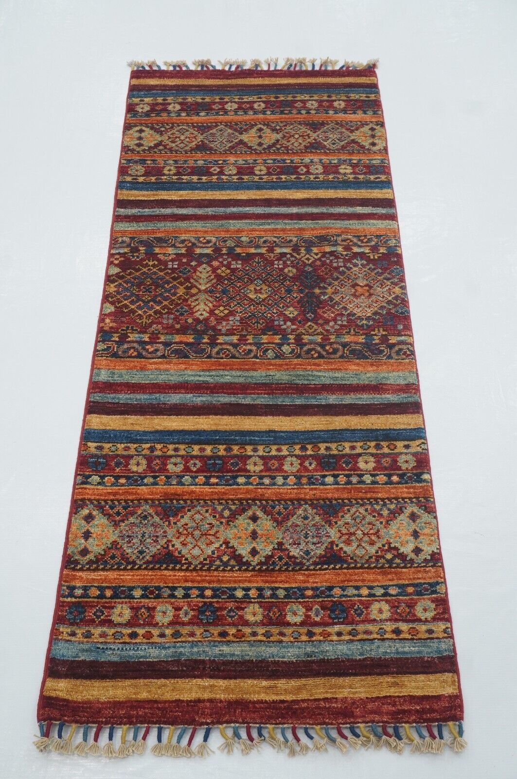 2 x 6 ft Red Striped Tribal Afghan Hand knotted Narrow Short Runner Rug