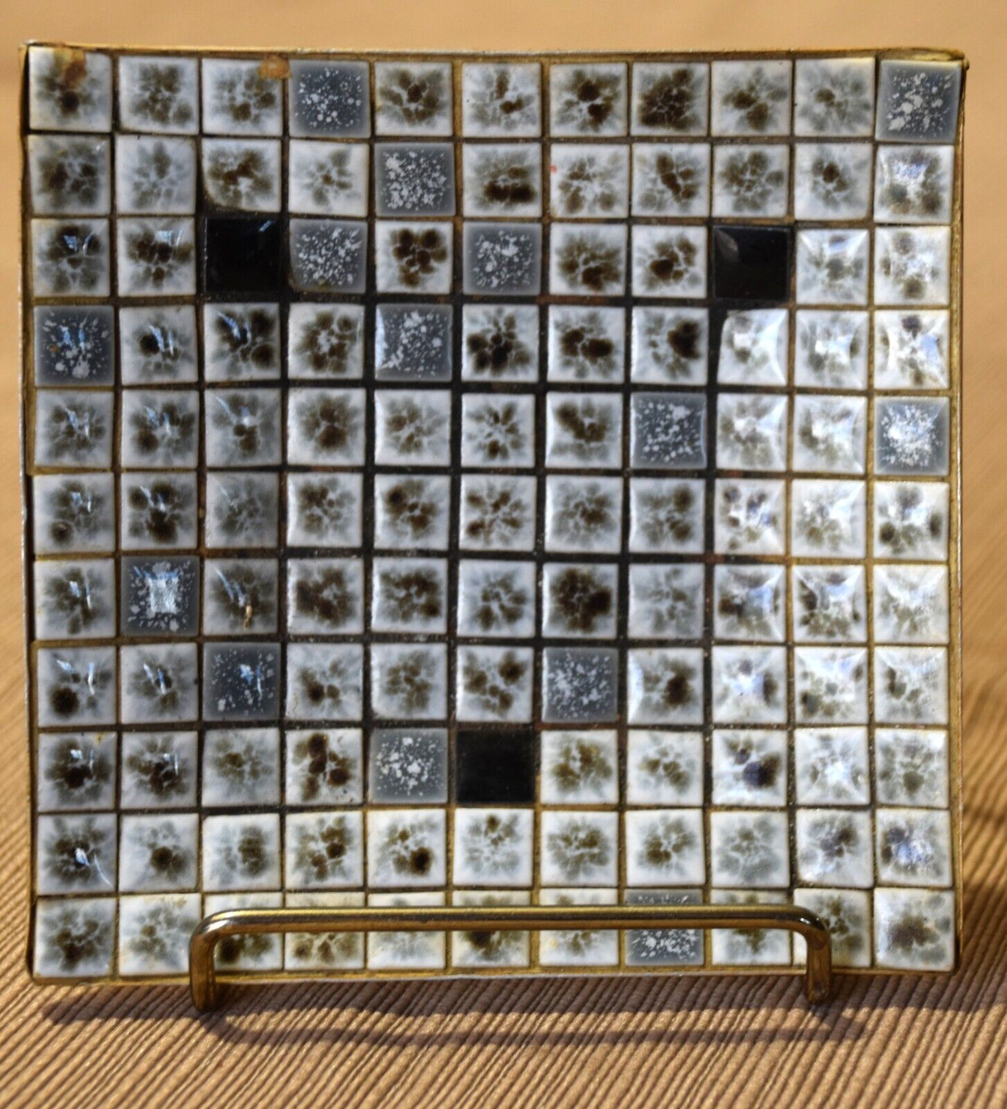 Vtg Mosaic Tile Mid Century Square 5” Ashtray Trinket Keys Ring Dish Grays/Gold