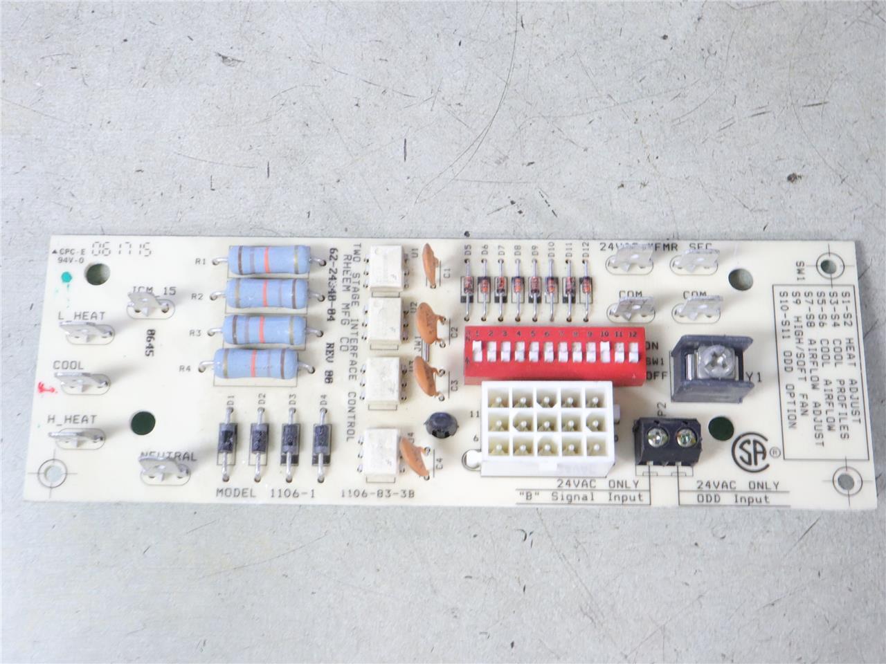 Rheem Ruud 62-24340-04 Two Stage Interface Circuit Board 1106-1 1106-83-3B