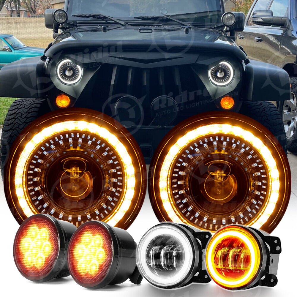 For Jeep Wrangler JK JKU 2007-2018 Combo 7'' LED Headlights Turn Fog Lights Kit