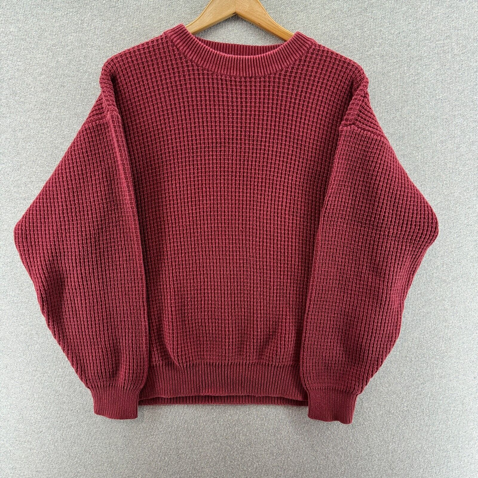Vintage L.L. Bean Mens Sweater Red Large Waffle Knit Grid Heavyweight Cotton